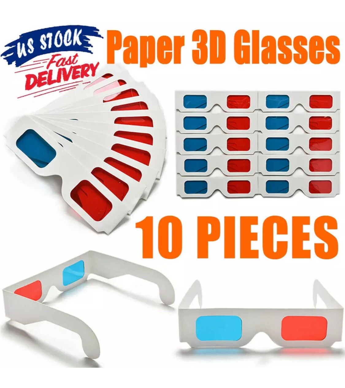 10 3D Glasses Universal Anaglyph Cardboard Paper Red Blue Cyan For Movie Cinema