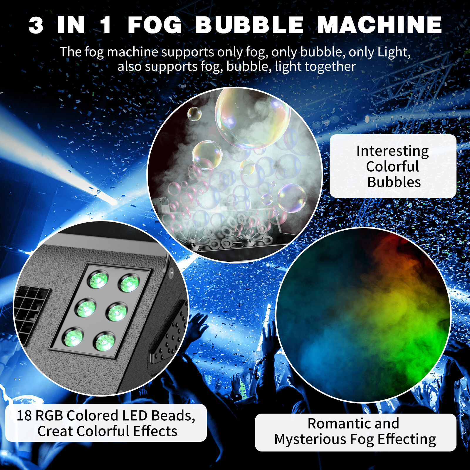 3000W Fog Machine DMX Smoke Fog Bubble Machine Strobe RGB LED Stage Par Lights