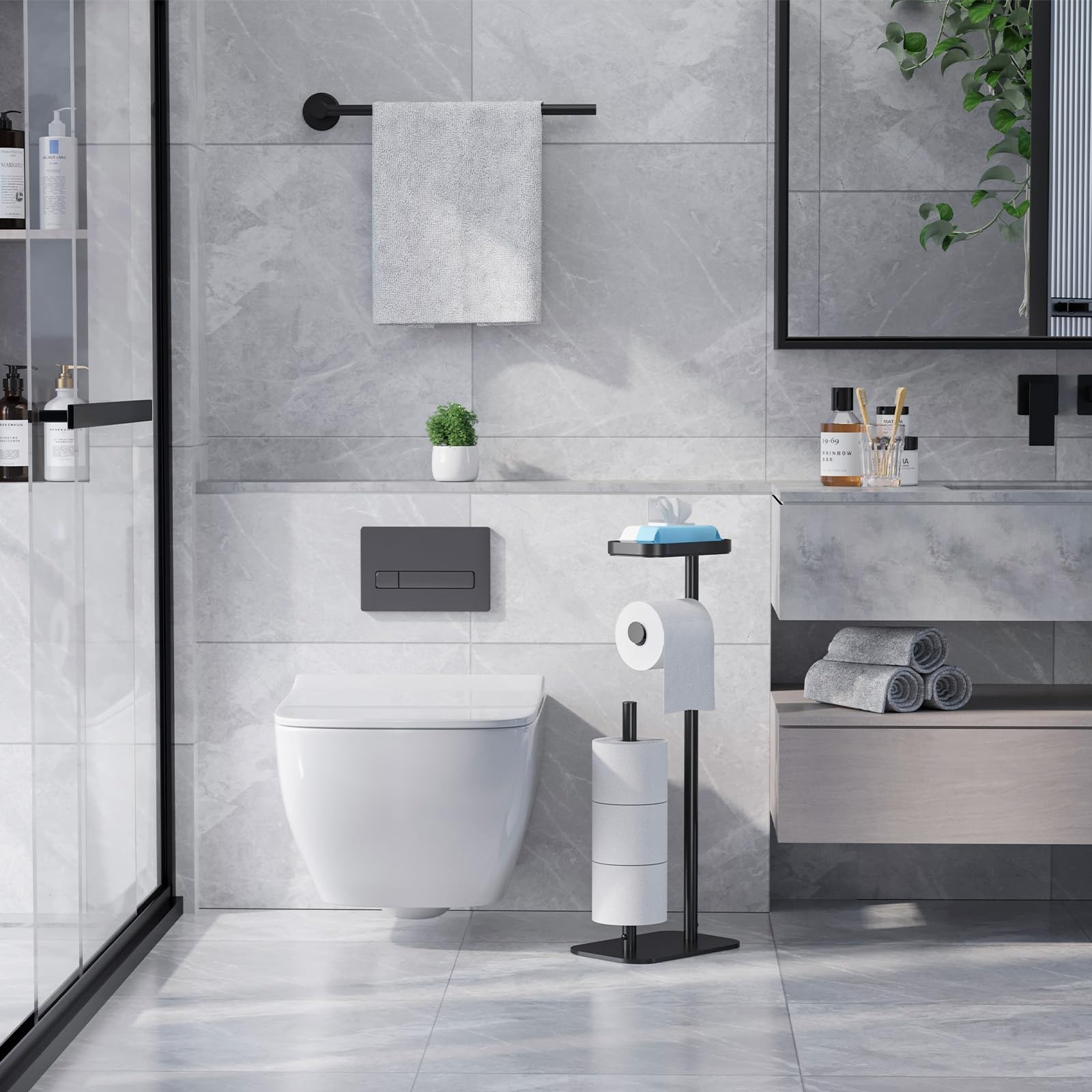 Free Standing Toilet Paper Holder with Storage Shelf – 4 Roll Organizer Stand