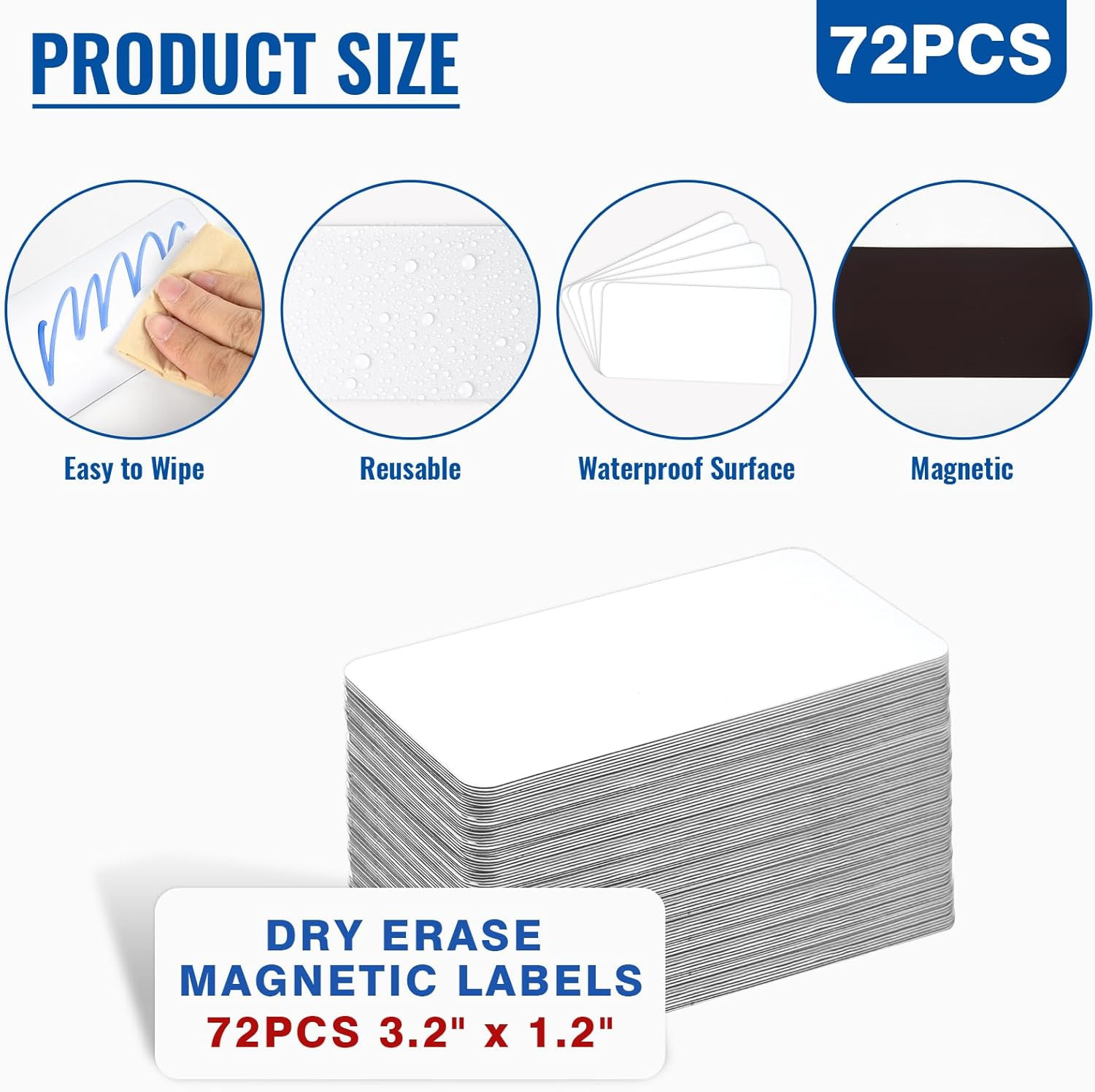 72 Pcs Dry Erase Magnetic Labels, 3.2 x 1.2 Reusable Writable Magnetic Name Tags