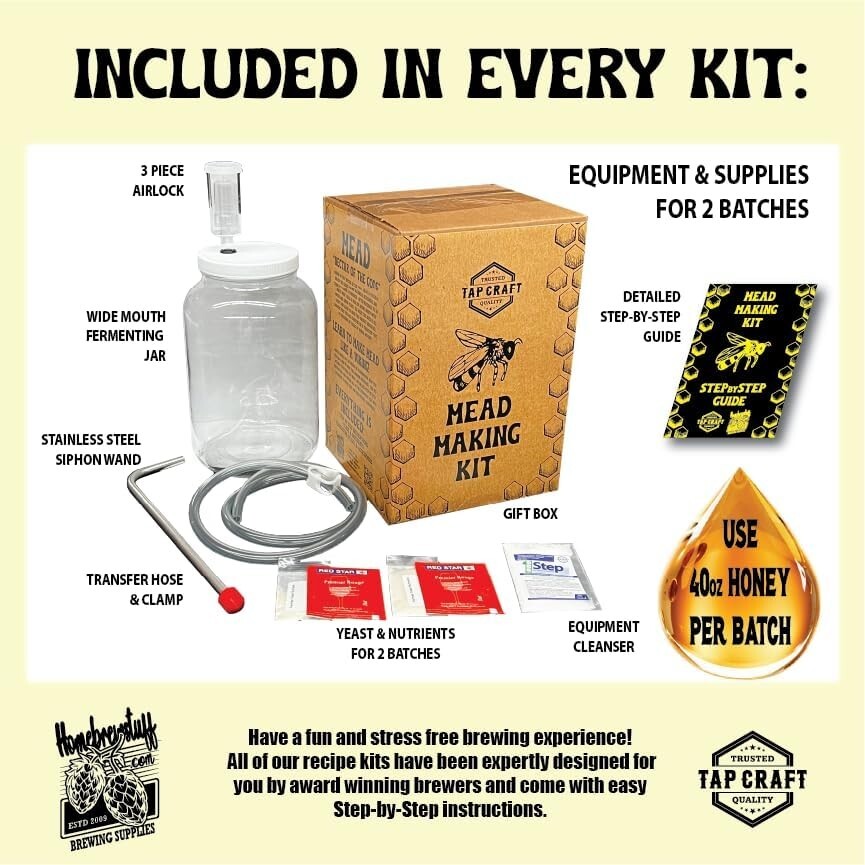 Honey Mead Making Kit with Reusable 1 gallon Wide-Mouth Fermenter - 2 Batch