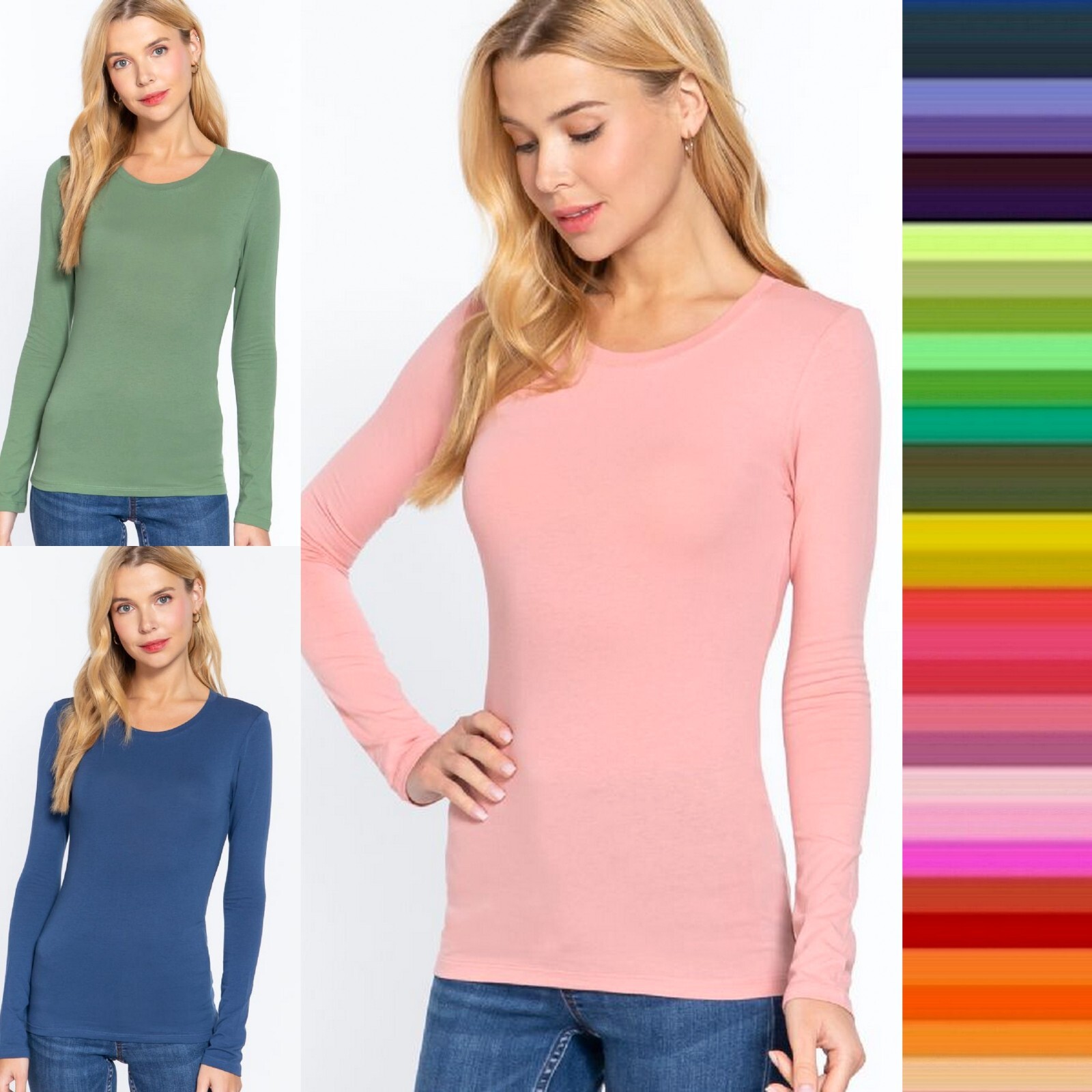 Women's Crew Round Neck Long Sleeve T-Shirt Stretch Soft Cotton Basic Plain Top