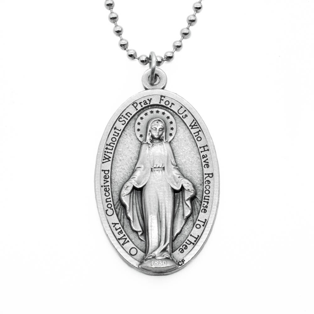 Extra Large 1-3/4" Miraculous Medal Virgin Mary Pendant Necklace Italy 24" Chain