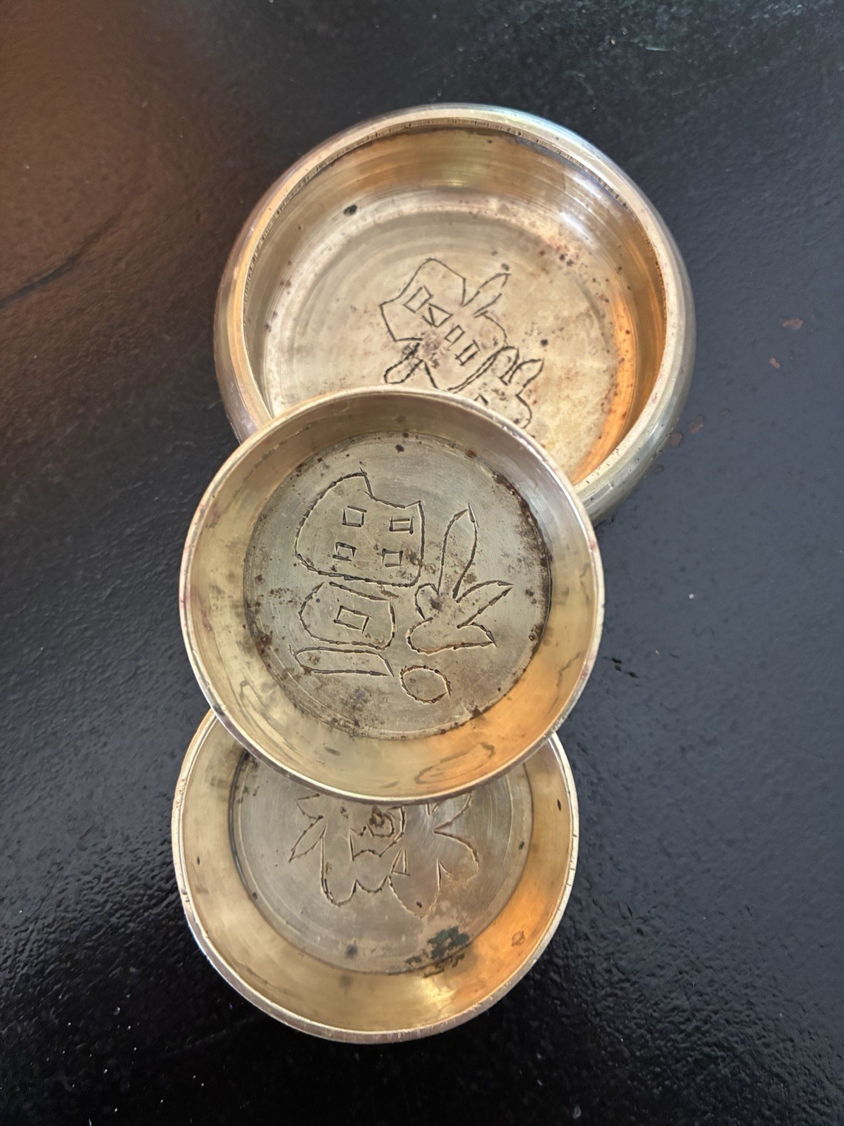 3 Vintage Chinese Bronze Mini Nesting Dishes / Detailed Dragon Etched Motif