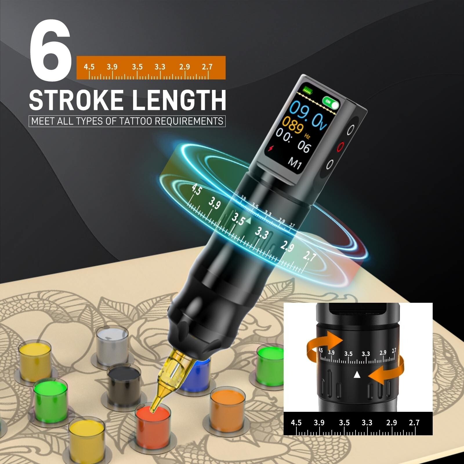 Wireless Tattoo Kit Complete Rotary Pen Machine 1200mAh Power Adjustable Stroke