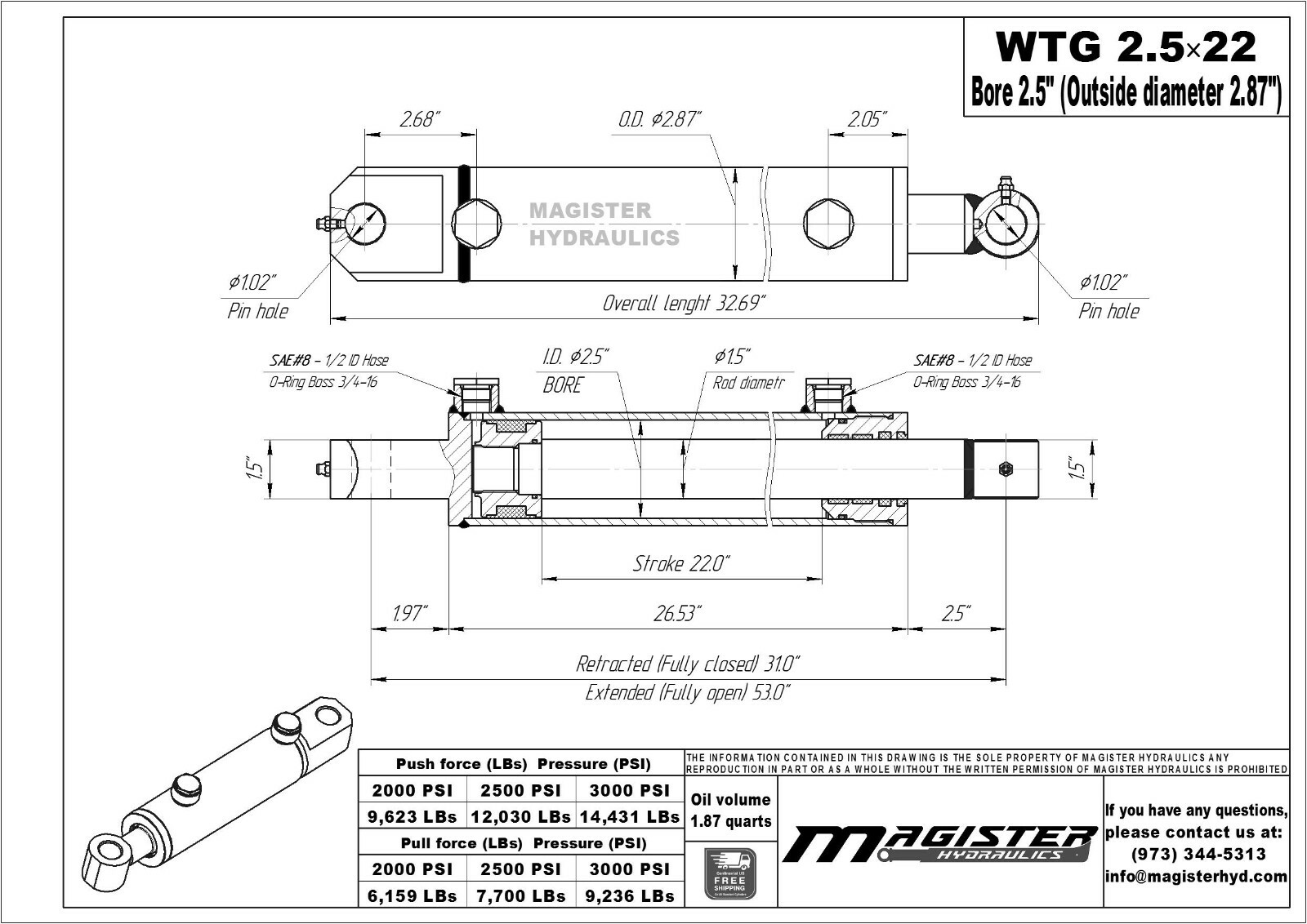 Hydraulic Cylinder Welded Double Acting 2.5" Bore 22" Stroke Tang WTG 2.5x22 NEW