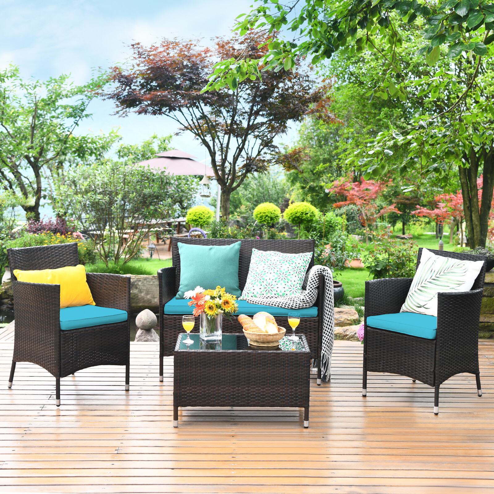 Patiojoy 4PCS Rattan Patio Furniture Set Cushioned Sofa Chair W/ TableTurquoise