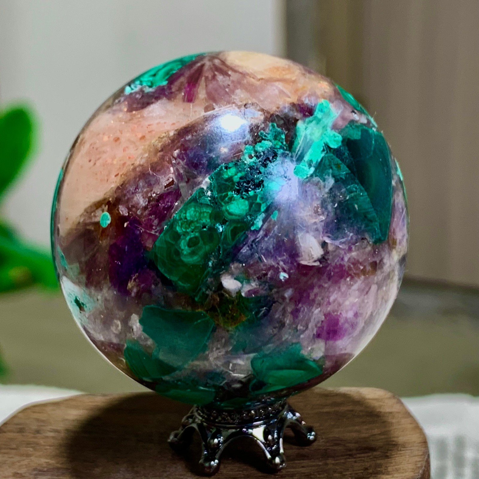 108G Newly discovered rare malachite purple mica symbiotic sphere restoration