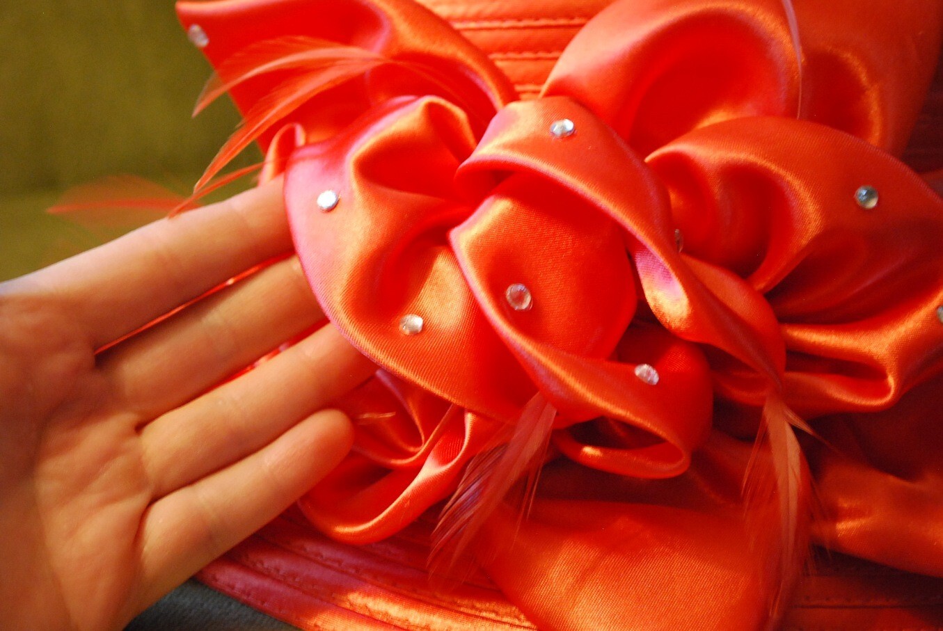 Vintage SOPHIA COLLECTION Ladies ORANGE Church Hat w Rhinestones & Feathers