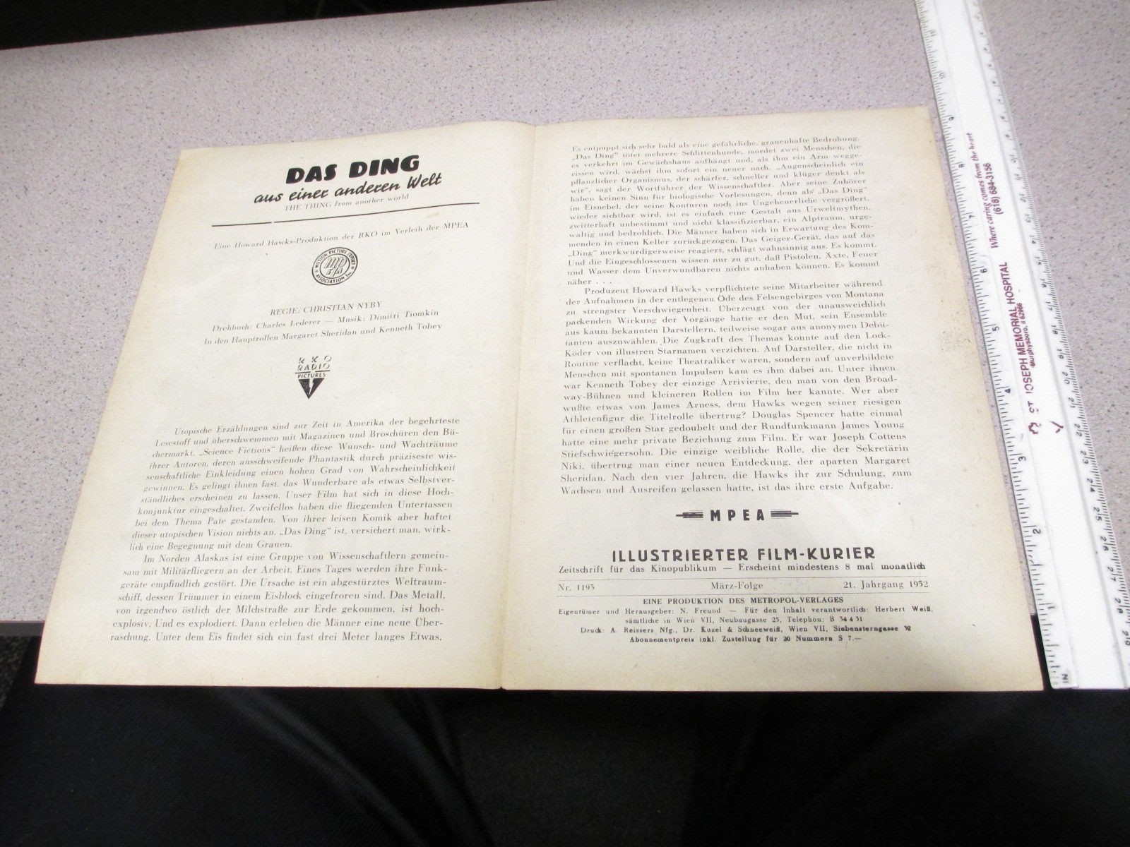 German Film-Kurier photoplay 1952 sci fi THE THING James Arness space monster