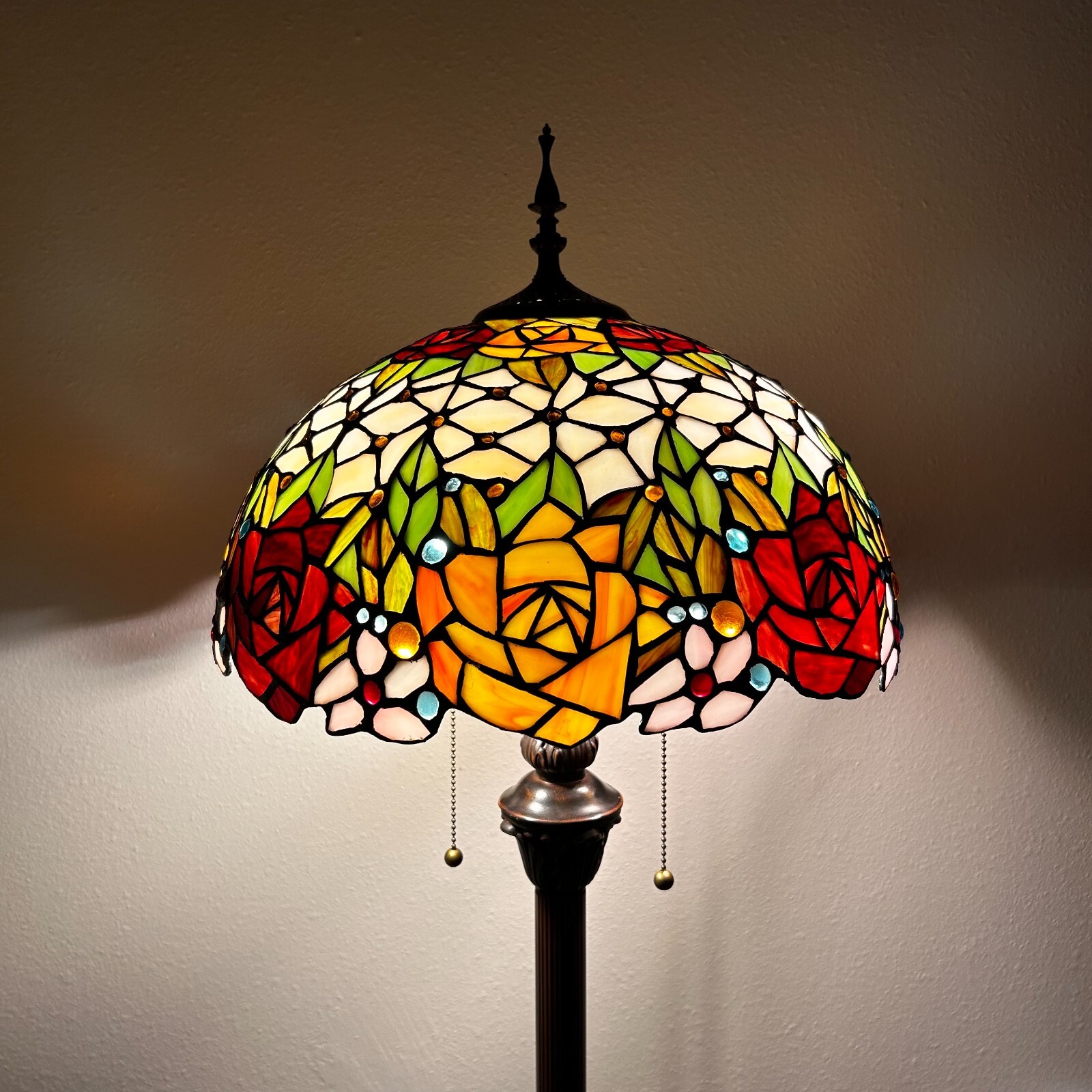 Tiffany Style Floor Lamp Stained Glass Rose Flower Metal Base LED Bulbs 64"H16"W