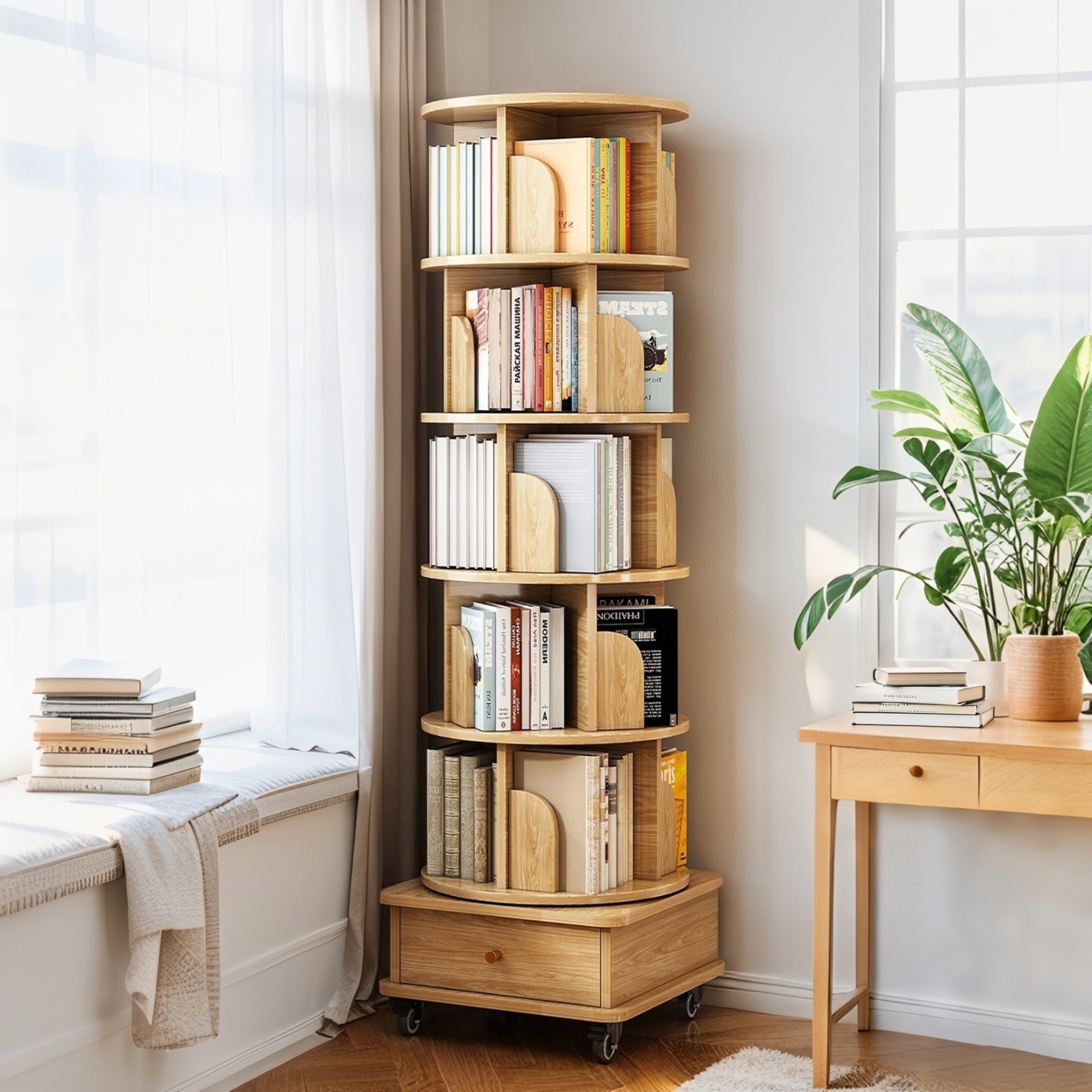 6-Tier Rotating Bookshelf with Wheels & Drawer, 360° Spinning Bookcase Tower