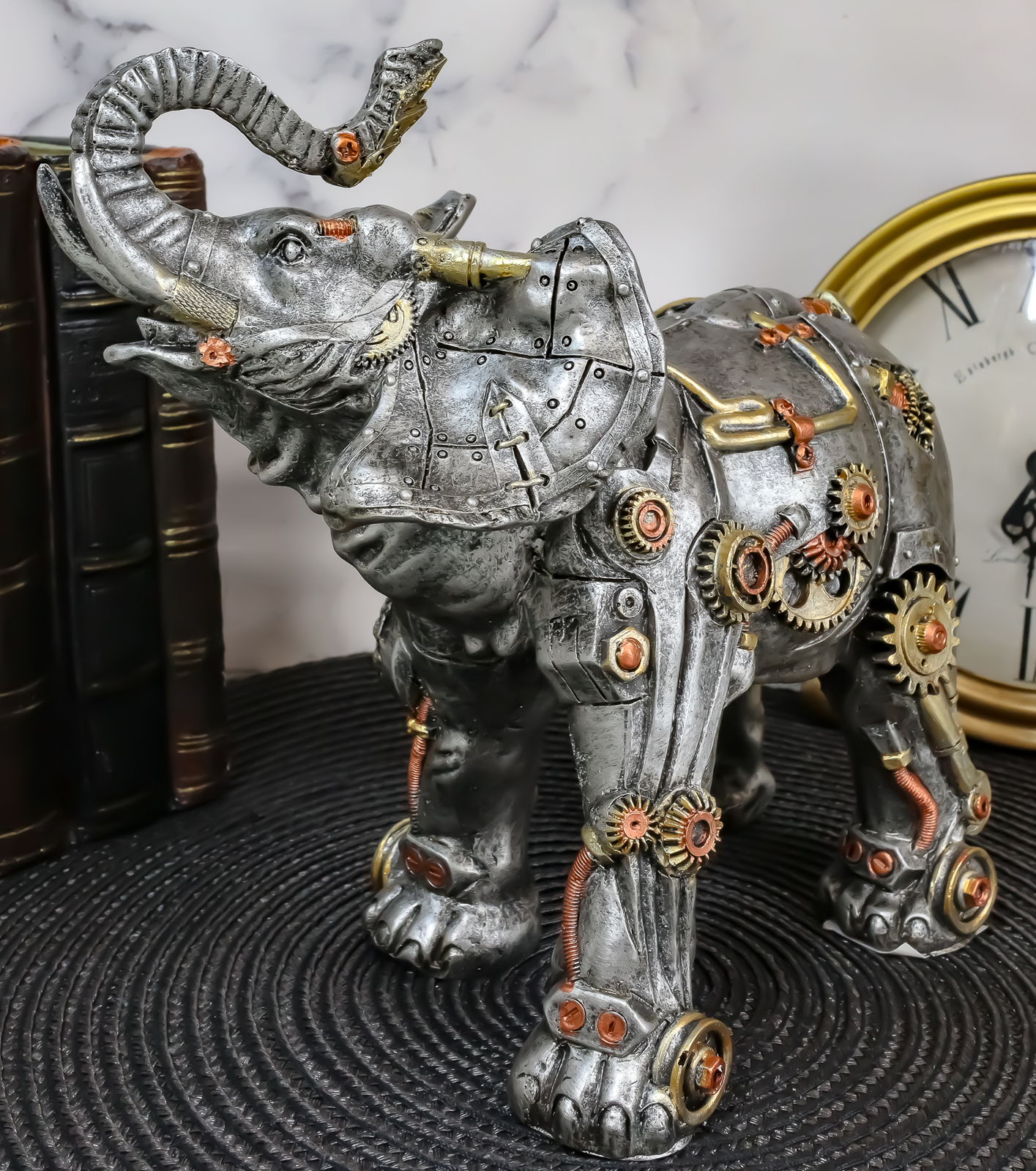 Ebros Steampunk Pressure Valve Geared Cyborg Elephant with Trunk Up Figurine