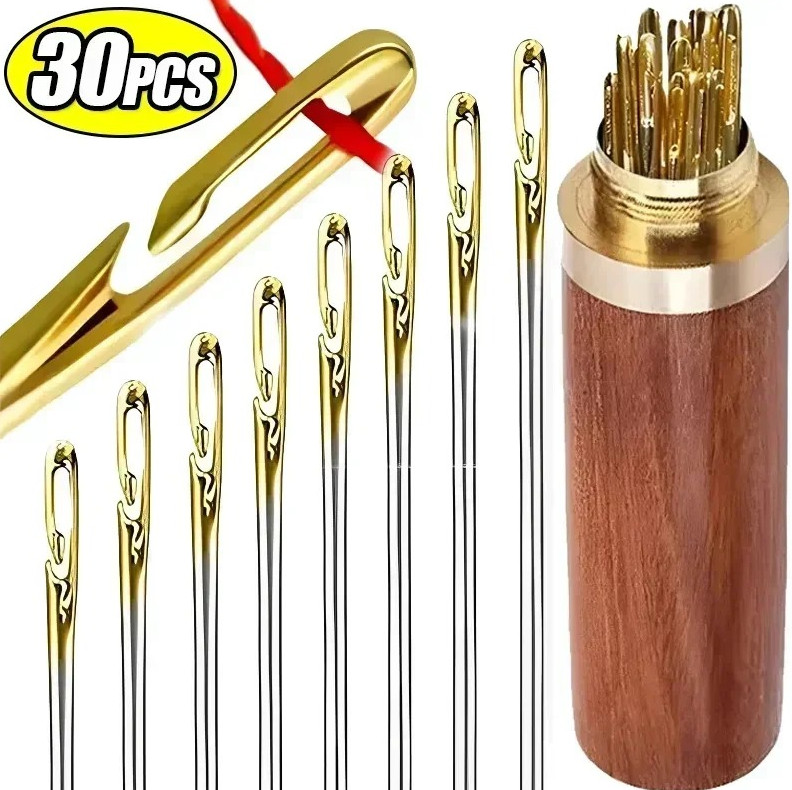 30pcs Self-Threading Blind Sewing Needles with Wooden Storage Case - NEW