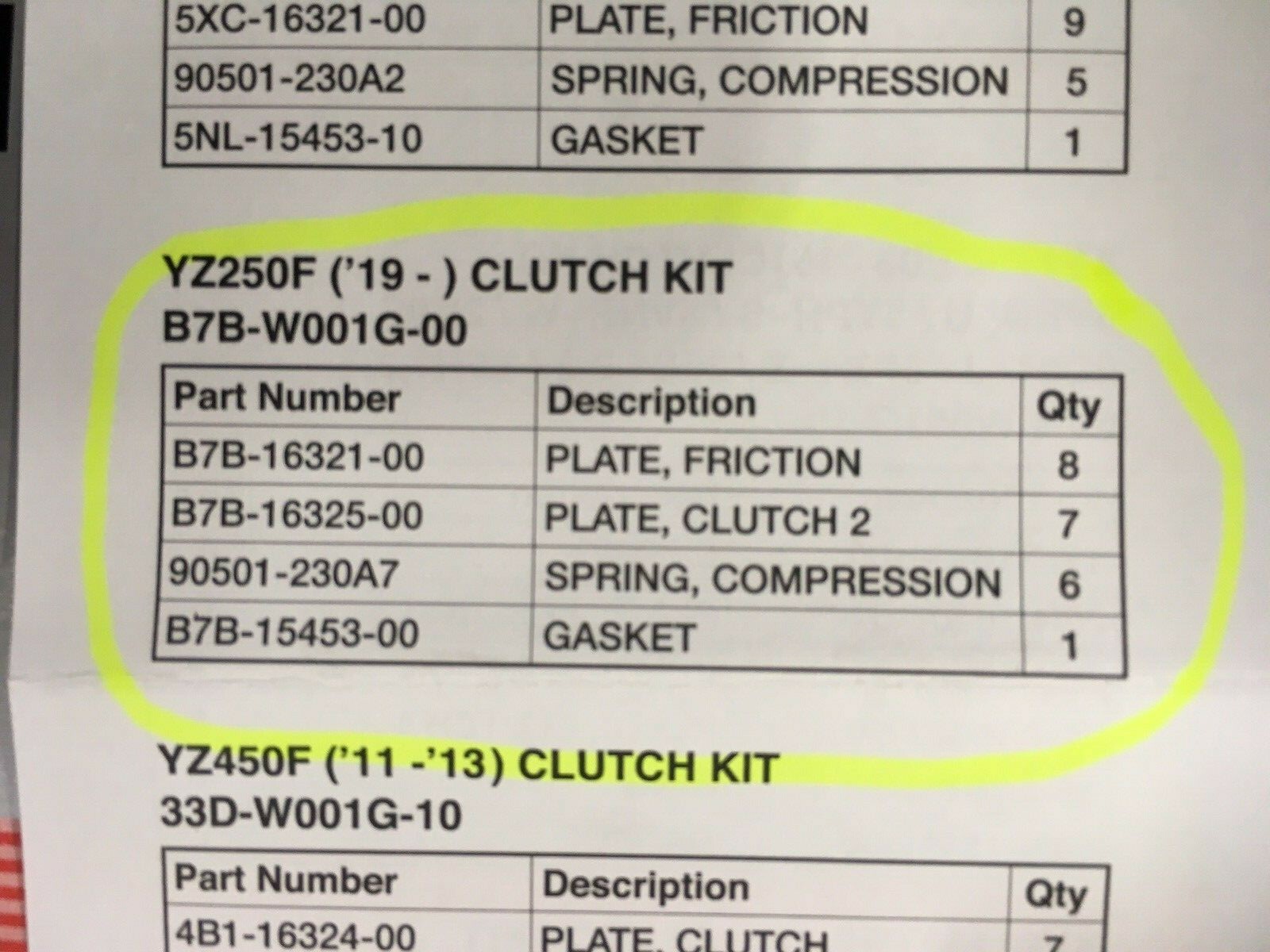 B7B-W001G-00-00 OEM Yamaha 2019-22 YZ250F Clutch Plate Kit w/Springs & Gaskets