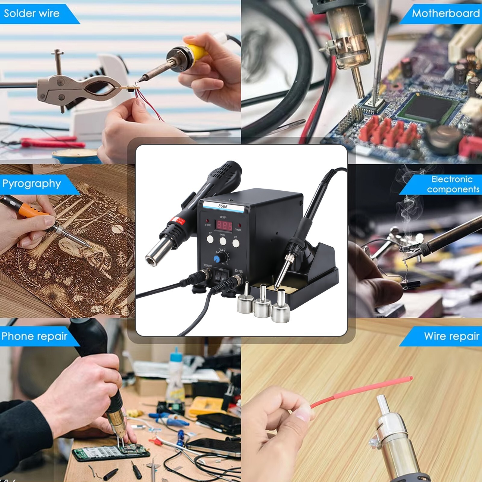 2-in-1 Rework Soldering Station 8586 Hot Air Gun Solder Iron Repair Tool 110V US