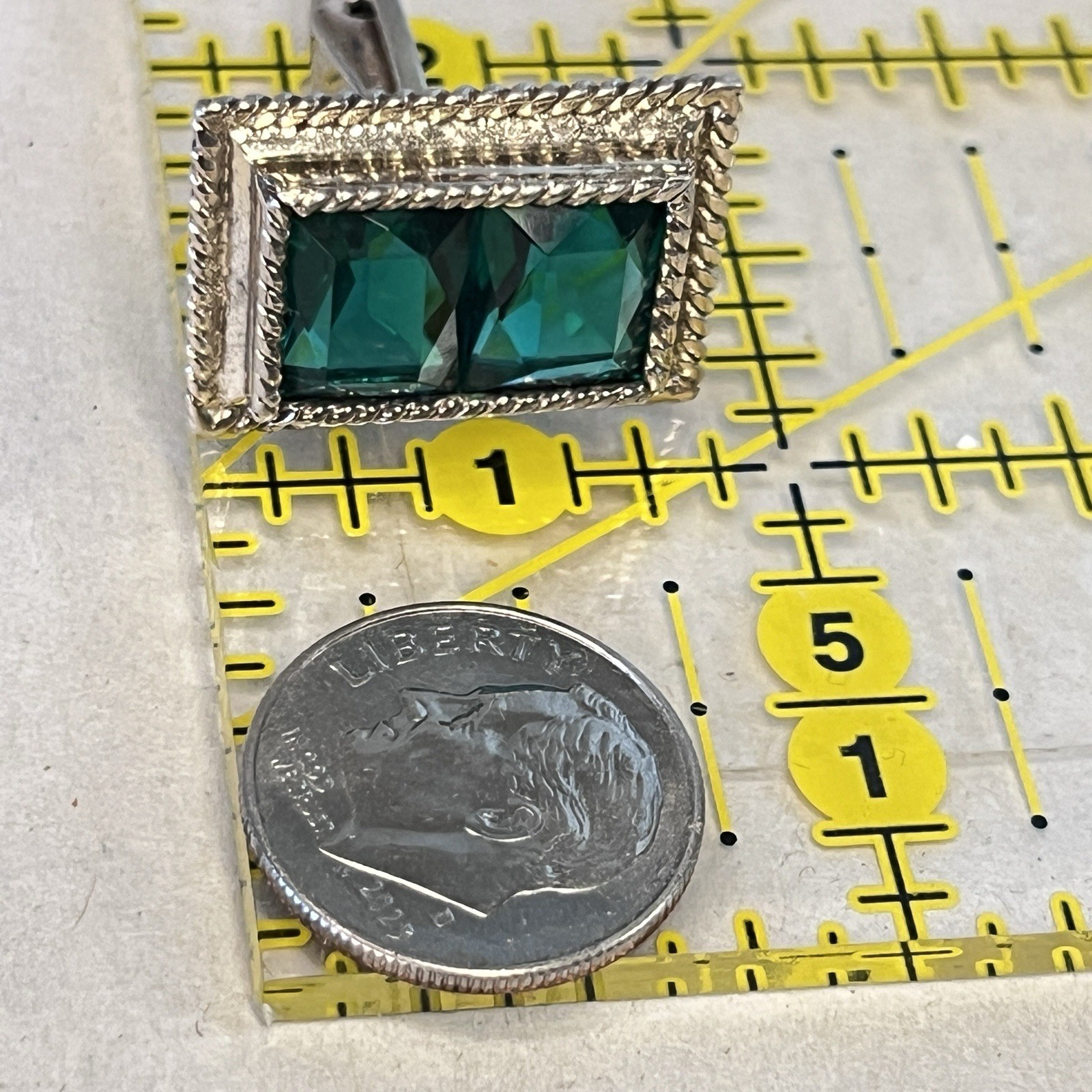 925 Sterling Silver Vintage Cuff Links DA VINCI Green Emerald cut Crystal slx