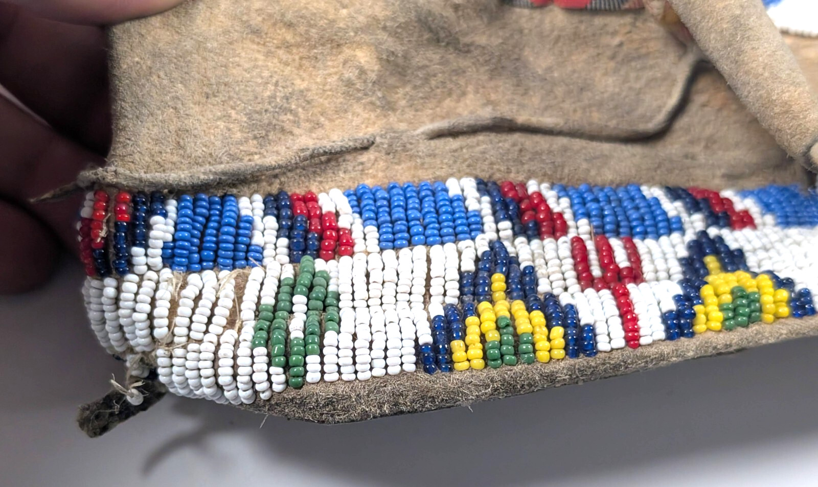 Antique Lakota Sioux Beaded Moccasin SINGLE, Fully Beaded Sole, Trade Cloth Trim