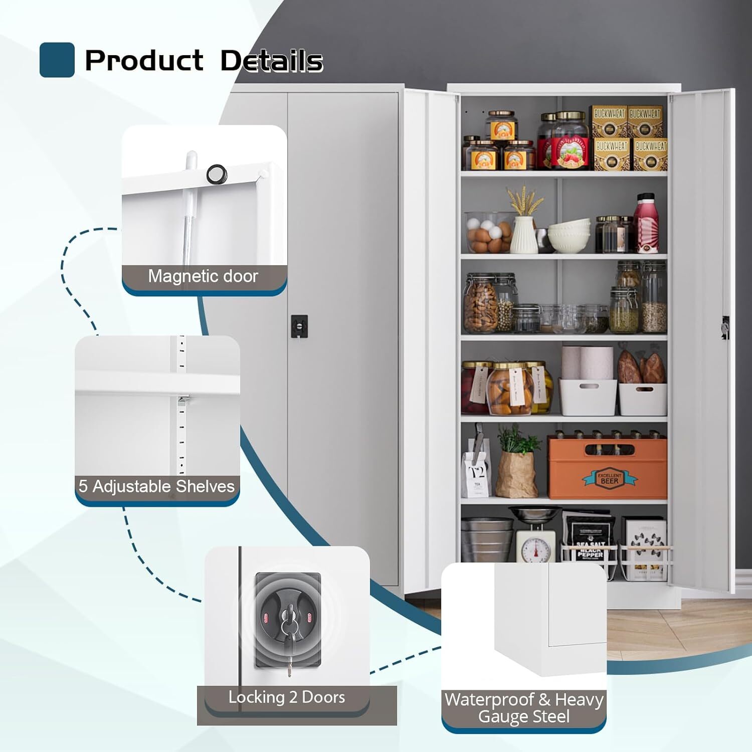 Metal Storage Cabinet,71” Tall Garage Cabinet w/Locking Doors Adjustable Shelves