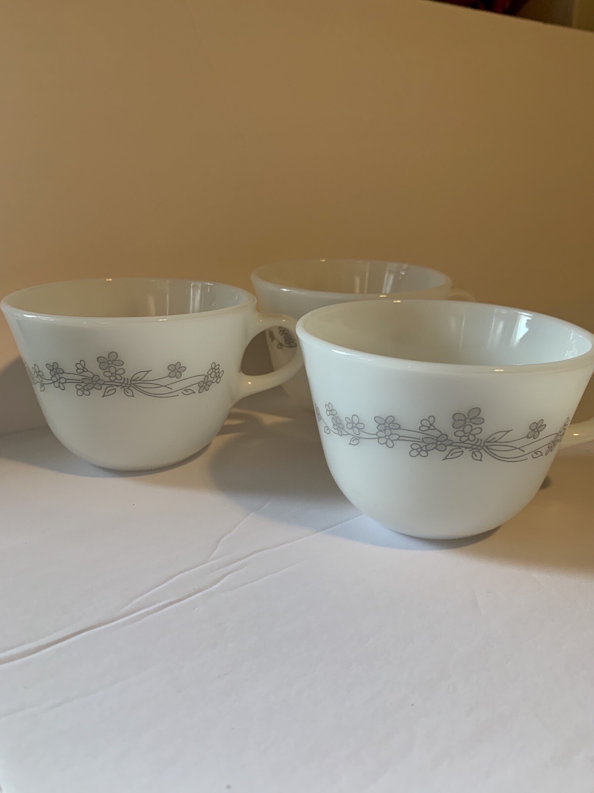 CORNINGWARE Vintage Coffee Tea Mugs Cups Set Of 3 White With Gray Flowers