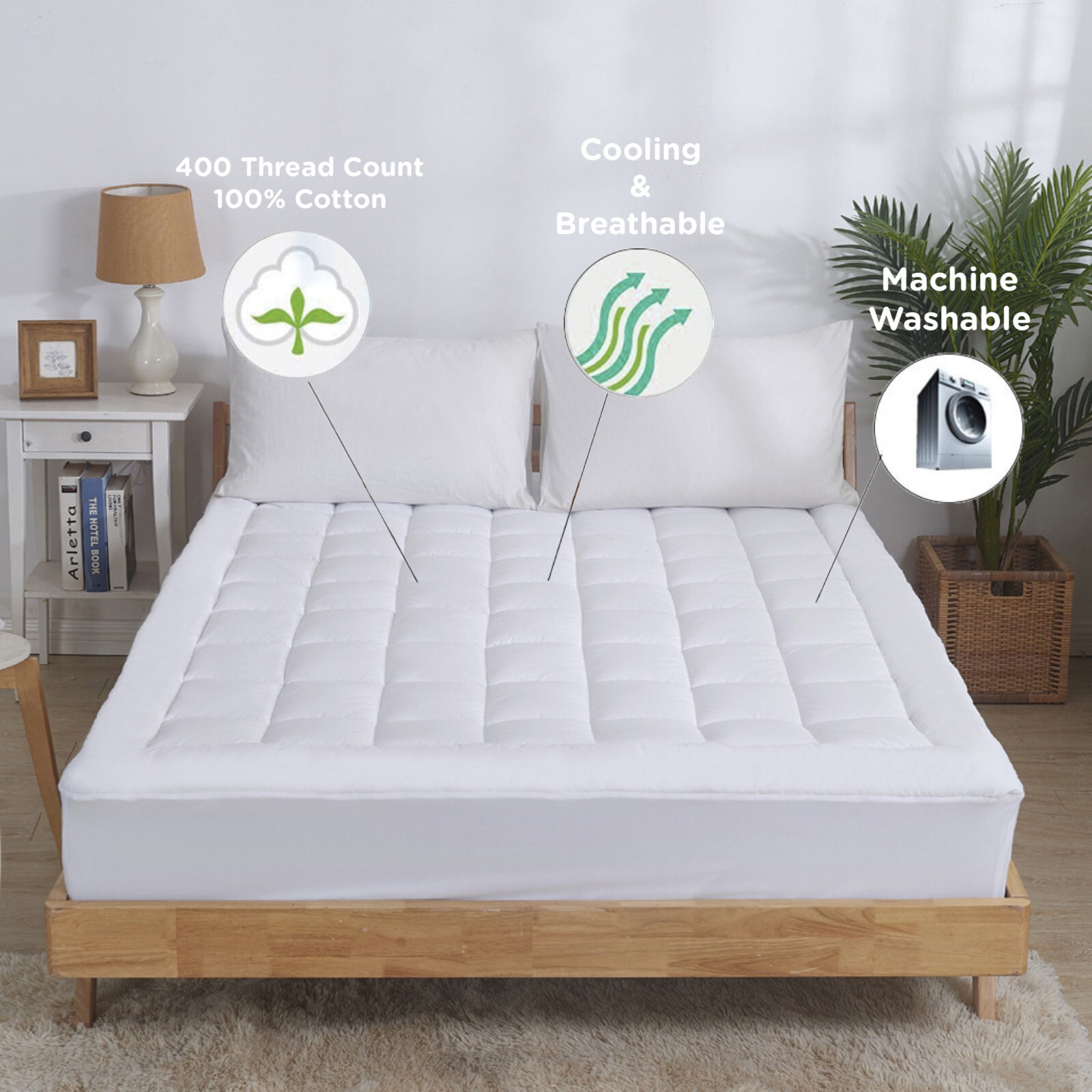 Sacred Thread Mattress Pad, Cooling Mattress Topper w/ 18 Inch Pockets