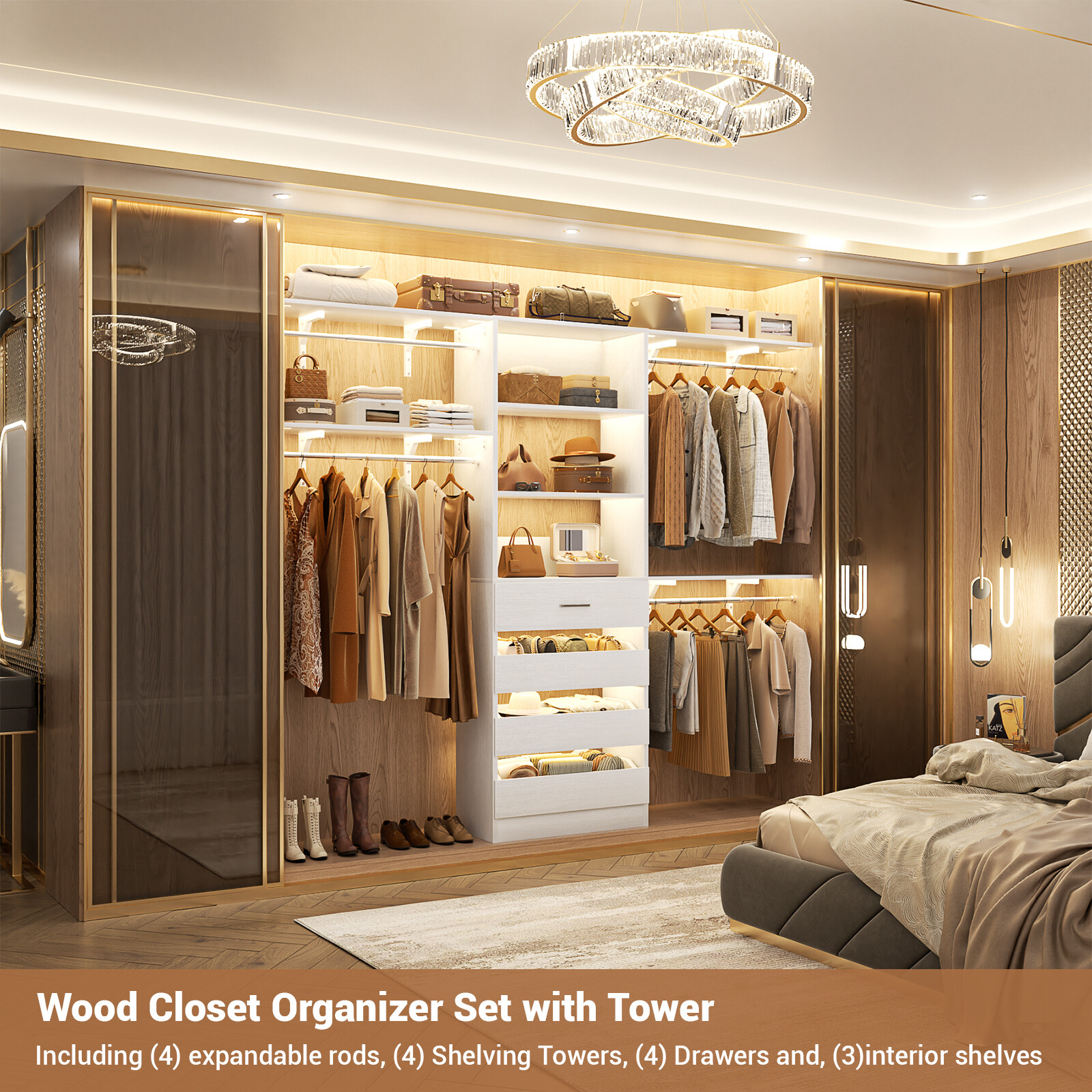 96'' Walk-in Closet Organizer System with 4 Drawers ＆ 4 Hanging Rods ＆ 4 Shelves
