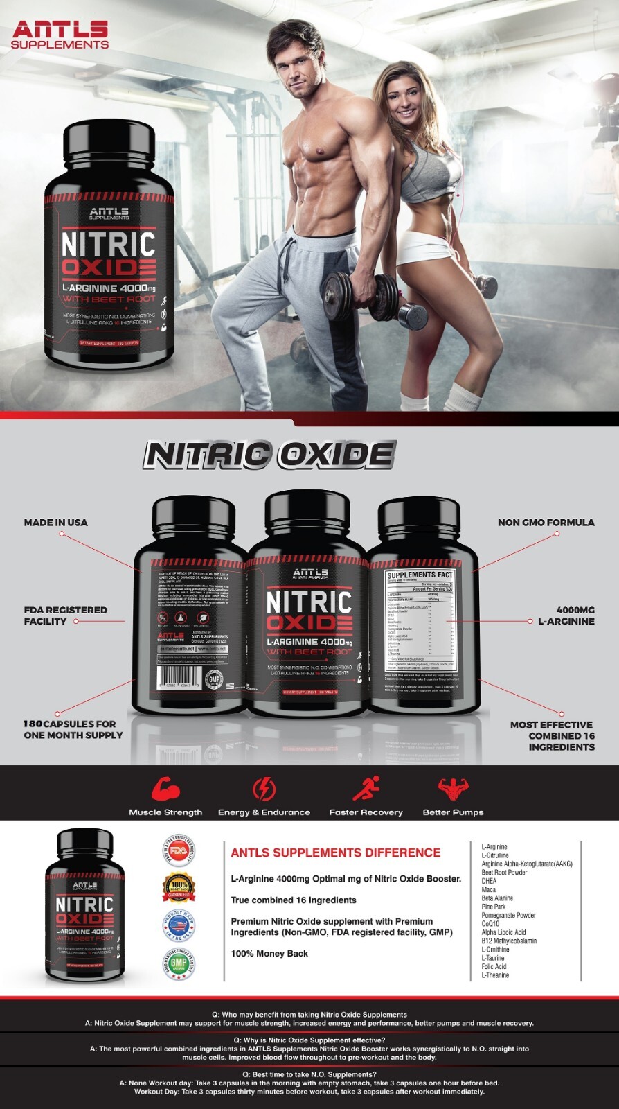 Nitric Oxide L-Arginine Pre Workout+Testosterone Booster,Multivitamin Men,Test