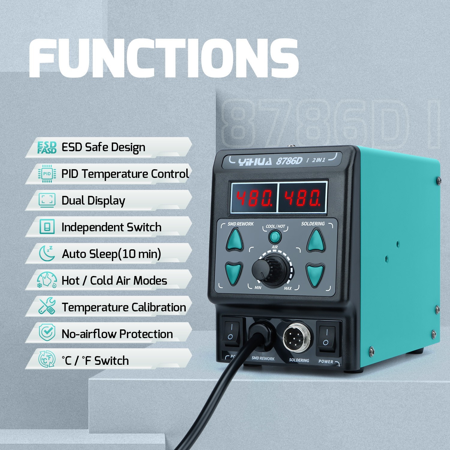 YIHUA 8786D-I Dual LED Digital Soldering Station with Hot Air Desoldering Rework