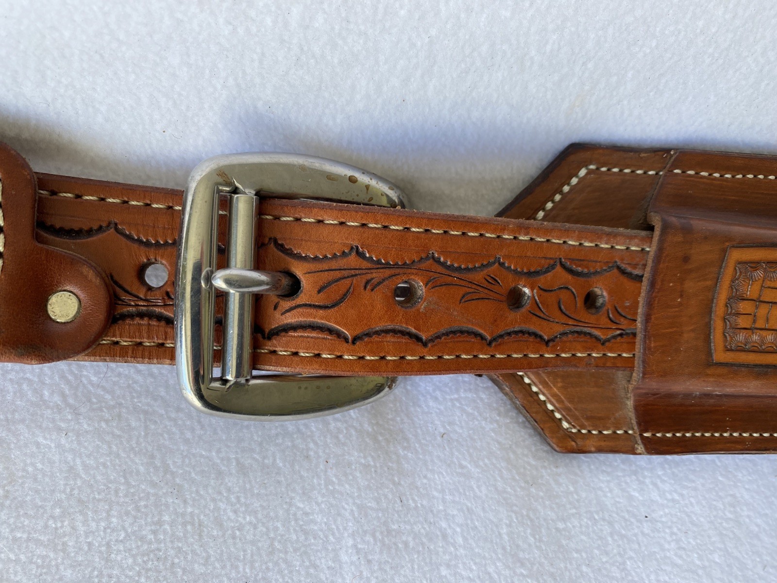 High QUALITY Double Stitch TOOLED Skirt Leather Back Flank Cinch &Billet SET~EUC