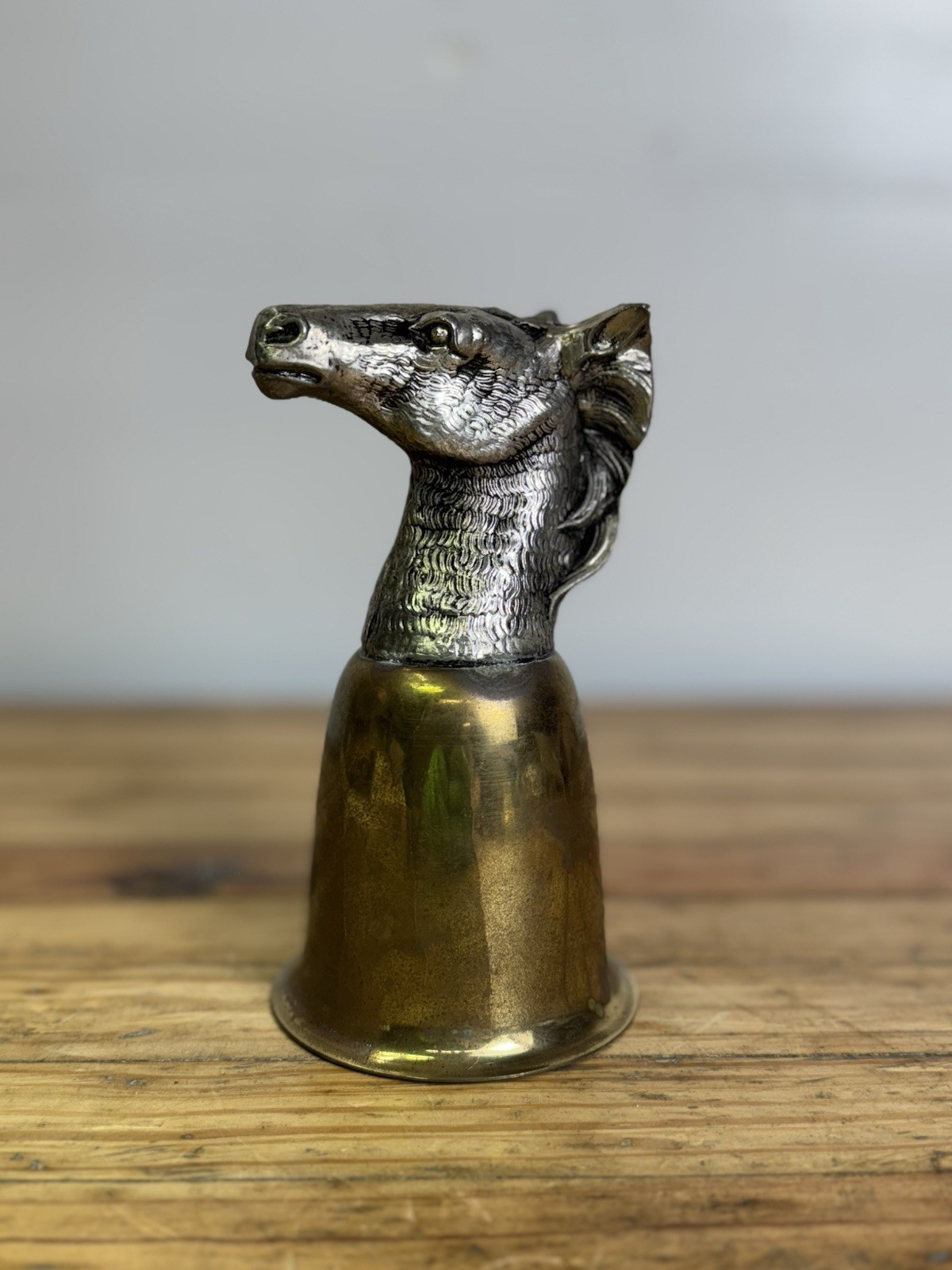 VINTAGE SIGNED MAURO MANETTI ITALY STIRRUP CUP HORSE HEAD BRASS AND SILVER PLATE