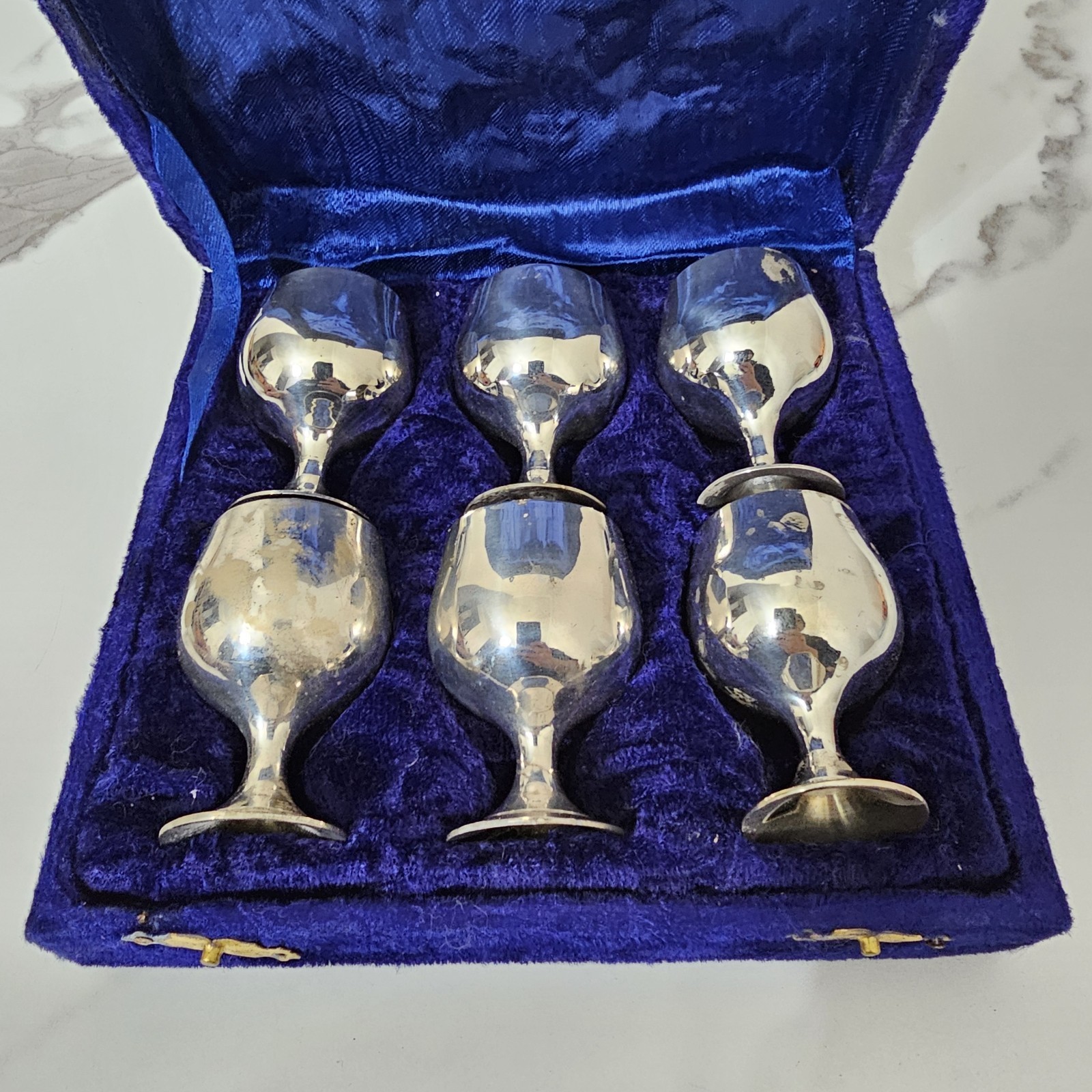Silver Plated Goblets Set of 6 Small Sherry Cups 2.25" Velvet Case Vintage