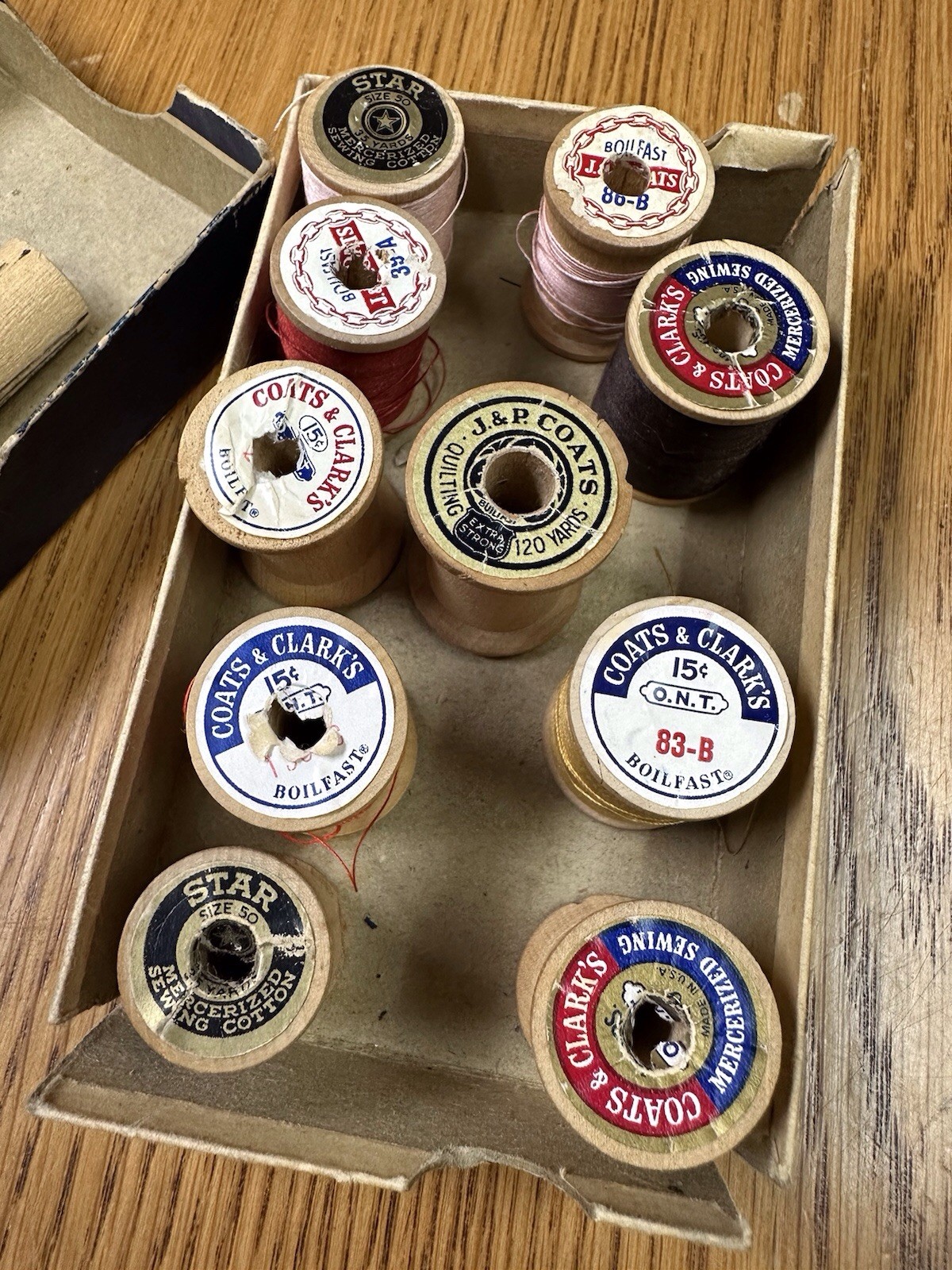 Vintage “Famous Brands” Silk Thread Box with 10 Wooden Spools - Mixed Lot