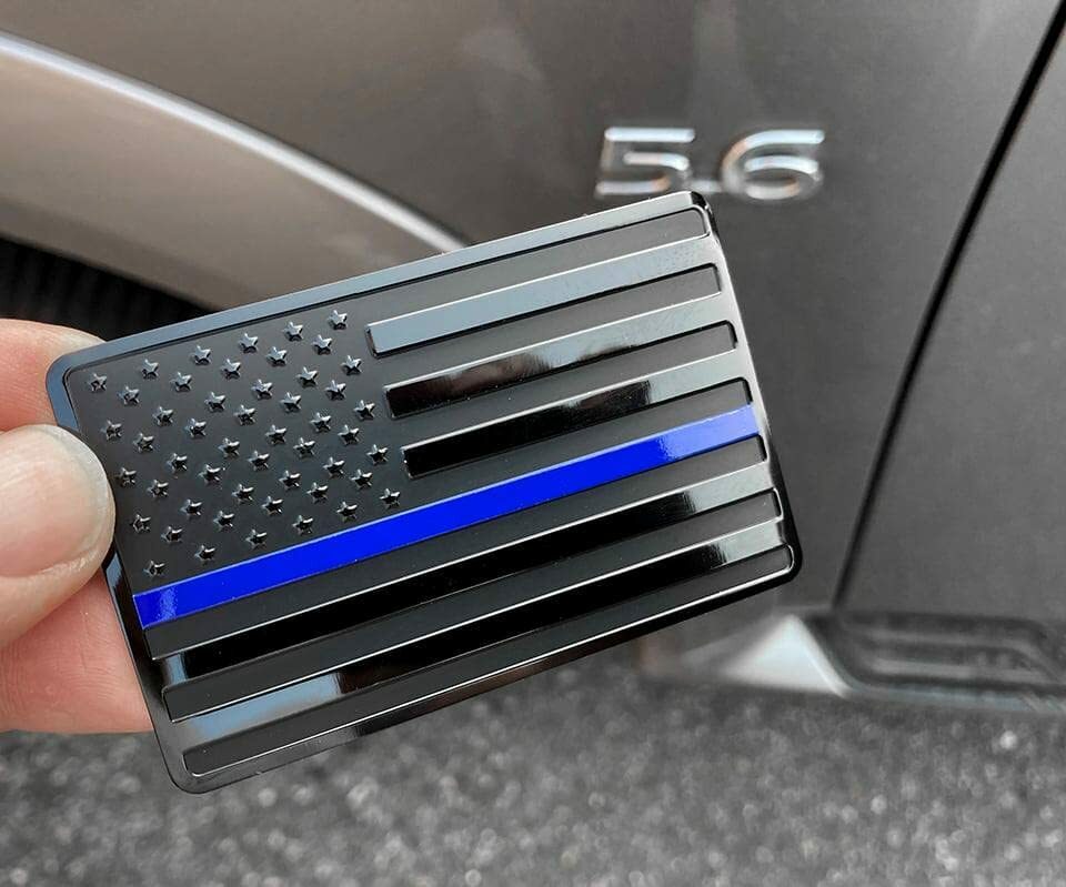 3"x 2" USA Black Metal Flag Emblem for Cars (Black with Blue Line, 2pcs)