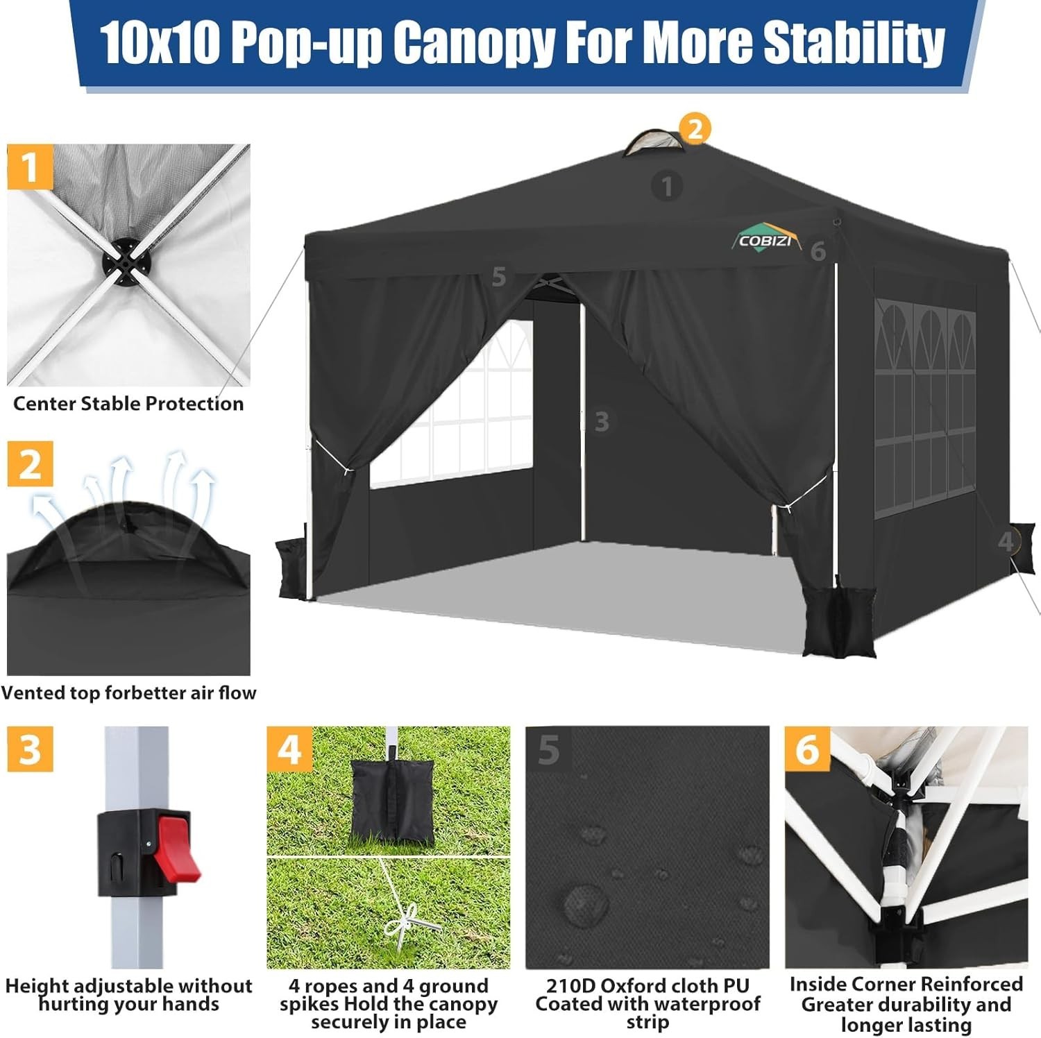 10x10 Pop Up Canopy Tent with 4 Removable Sidewalls，One Push Setup Waterproof#