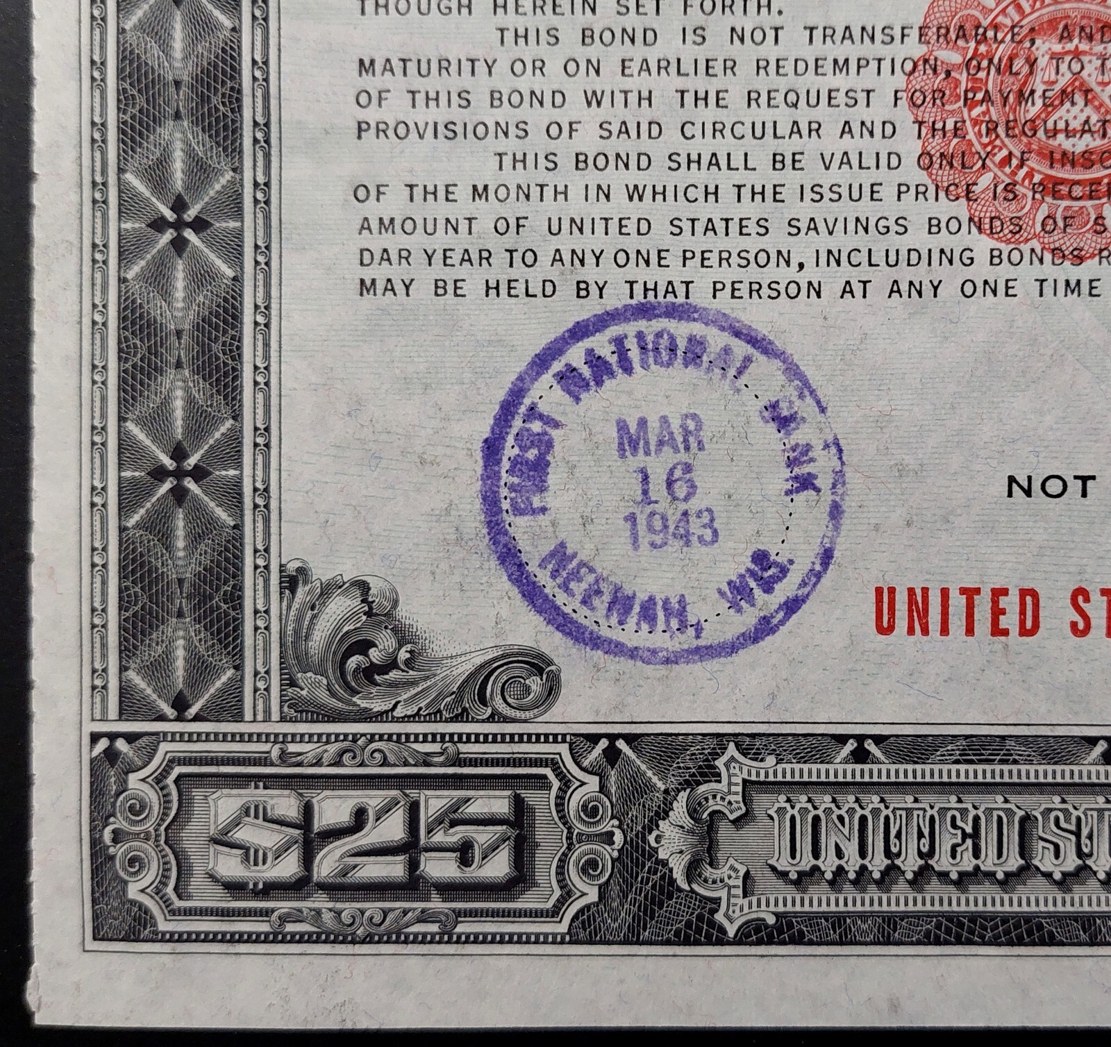 March 1943 Series E $25 United States War Savings Bond! Neenah, WI! Q151094970E