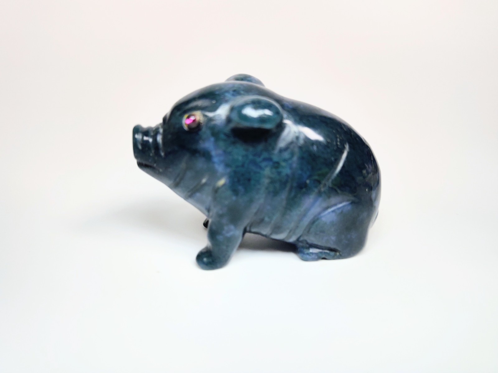 Antique 1920s Hand-Carved Blue-Green Aventurine Pig with Bezel-Set Garnet Eyes