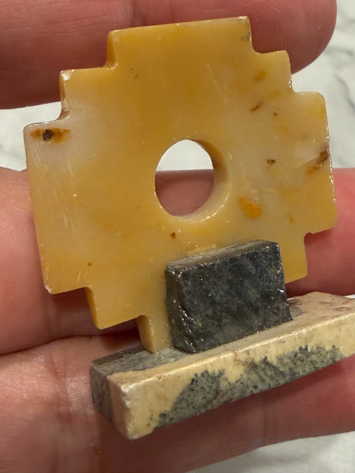 Vintage Small Yellow Stone Carving Chakana Inca Cross on Stand