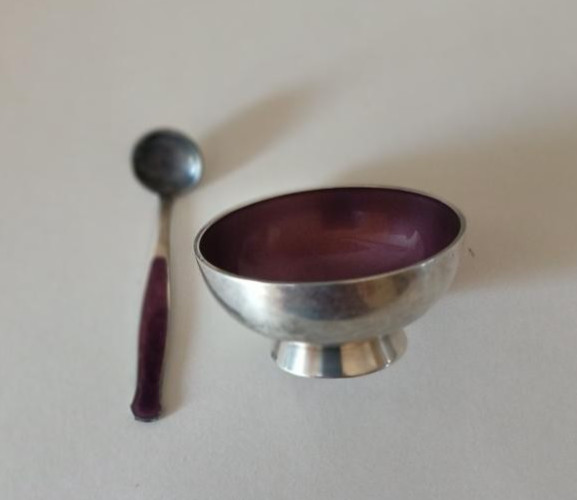 Meka Denmark PURPLE Enamel Sterling Silver Salt Cellar and matching Spoon