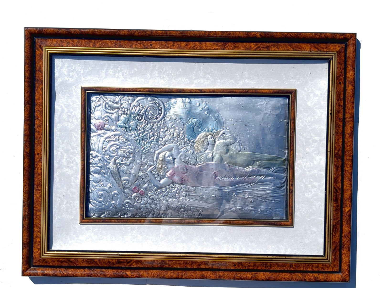 Large Vtg Art Nouveau Sterling Silver Argento Italy Colored Framed Art Plaque