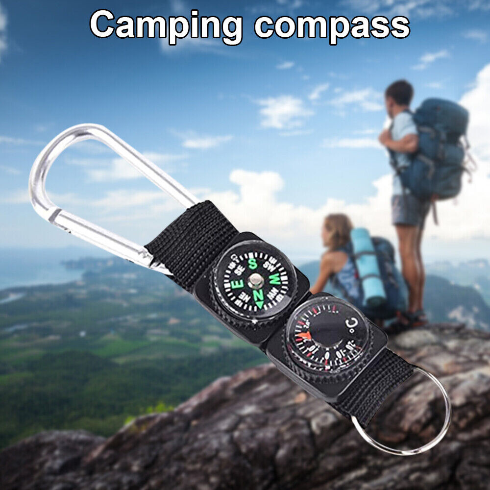 3PCS Mini Compass Thermometer Outdoor Camping Survival Keychain Carabiner Kits