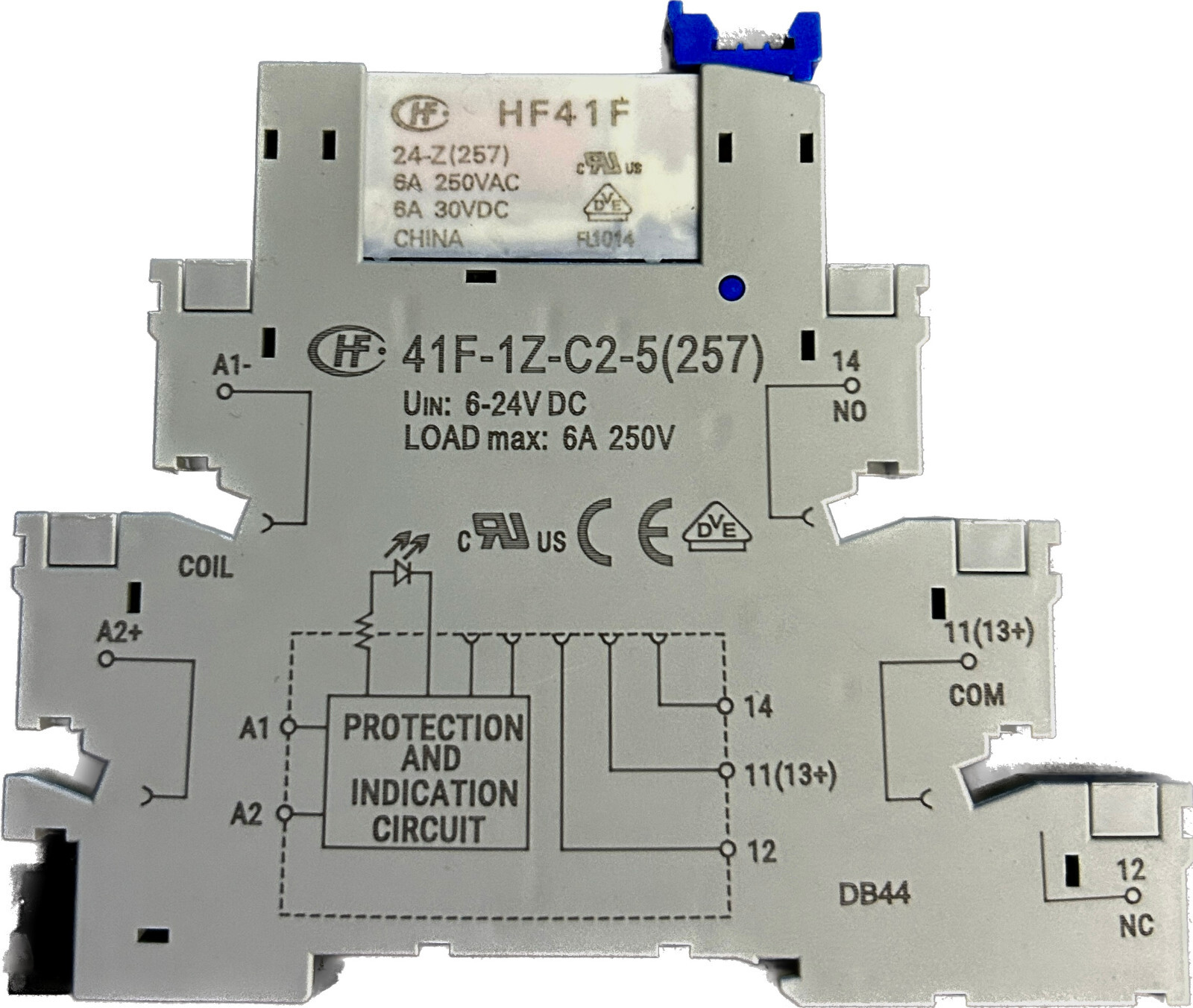Slim Relay and Base, 24VDC Coil, 6 Amp Contact, NO/NC, Din Rail HF41F 24-ZS