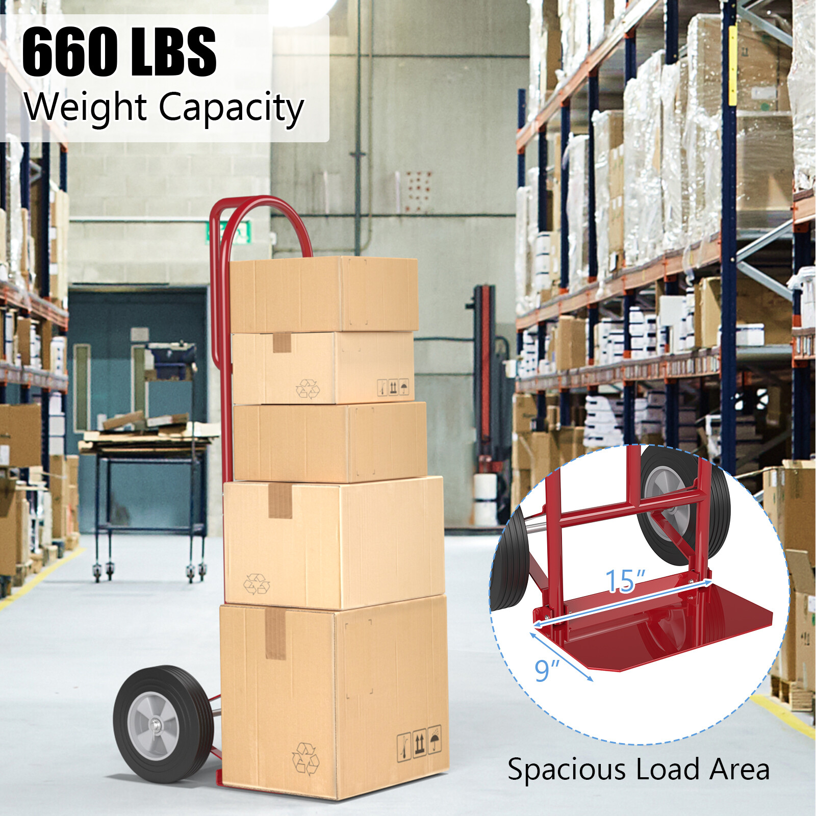 660 lbs Capacity Dolly Cart Heavy Duty Hand Truck Trolley with Nose Plate Red