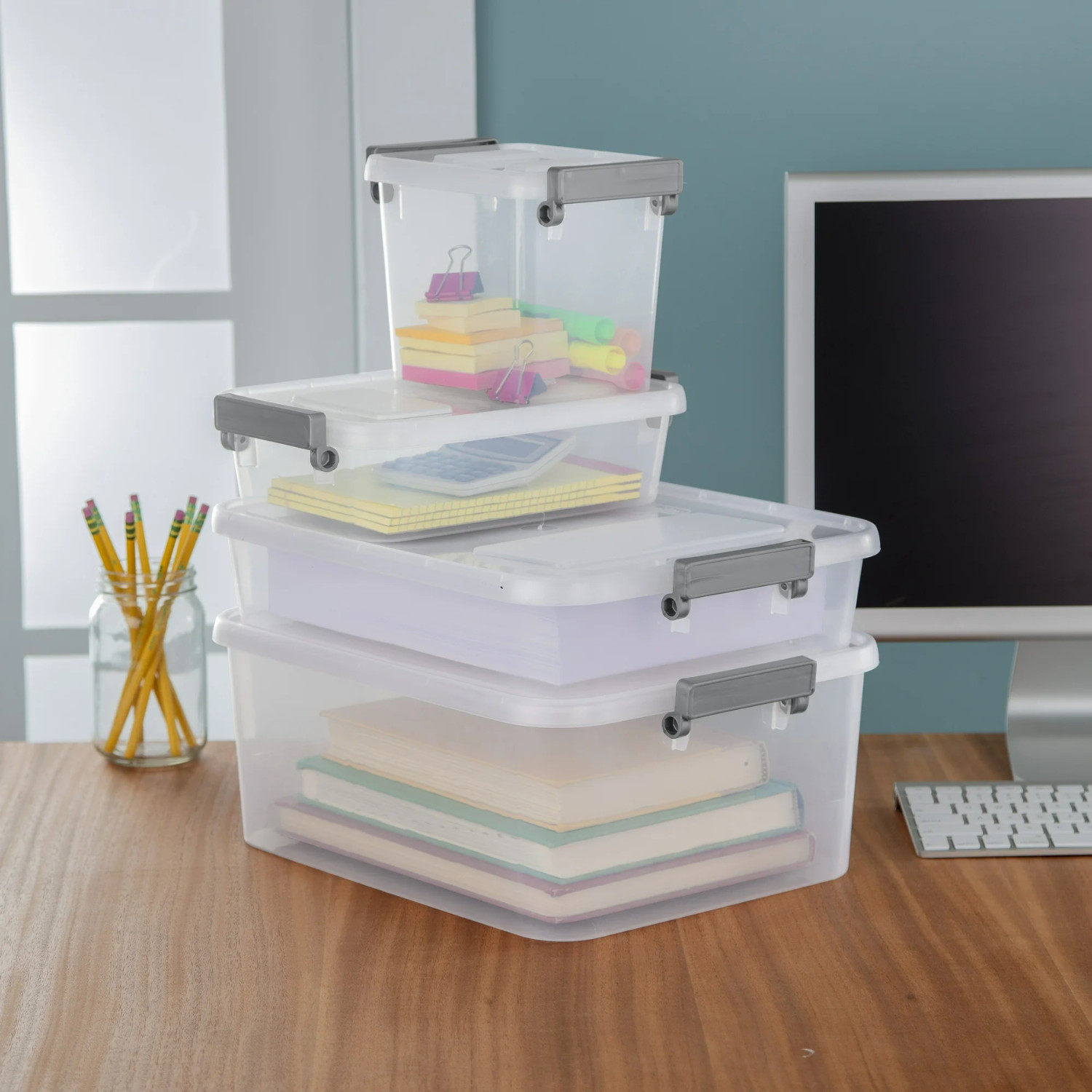 Sterilite 2.7 Qt. Modular Latch Box Plastic with Clear Base and Lid, Titanium