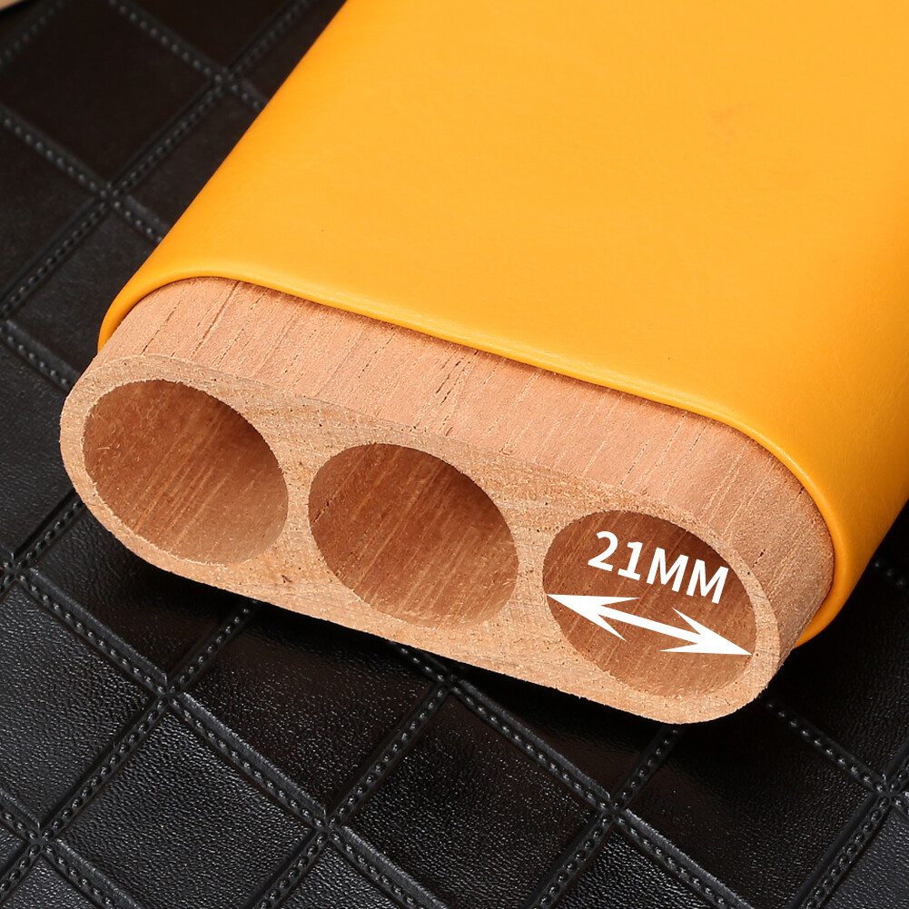 Leather Cedar Wood Cigar Case Portable Humidor 3 Cigars Tubes Yellow Box Gift