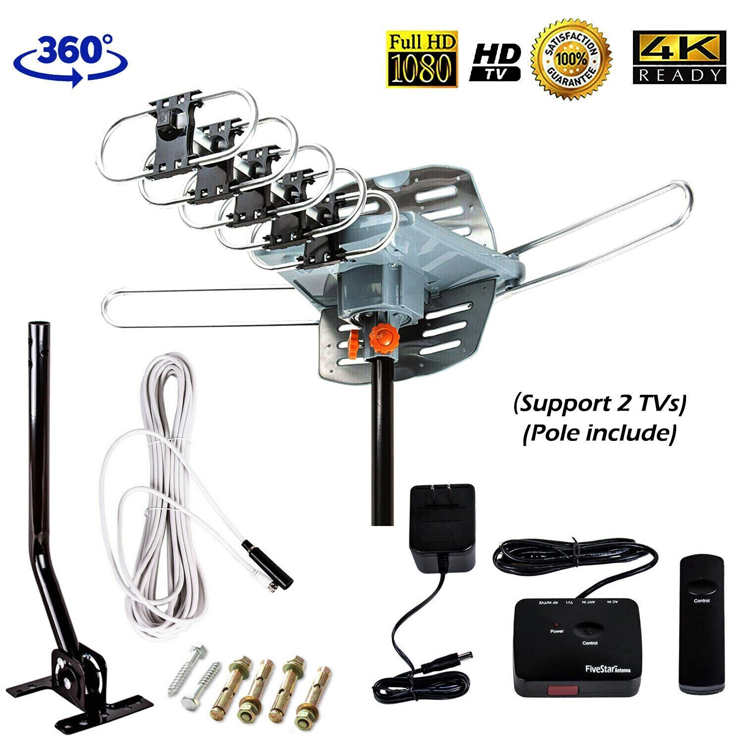 HDTV 1080P Outdoor Amplified Digital Antenna 360 Rotor HD TV UHF VHF FM 150 Mile