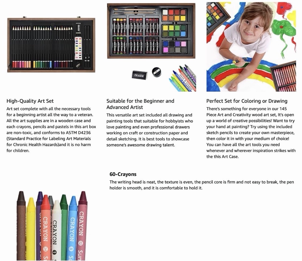 145 Piece Deluxe Art Set Wooden Art Box & Drawing Kit with Crayons Oil Pastels..