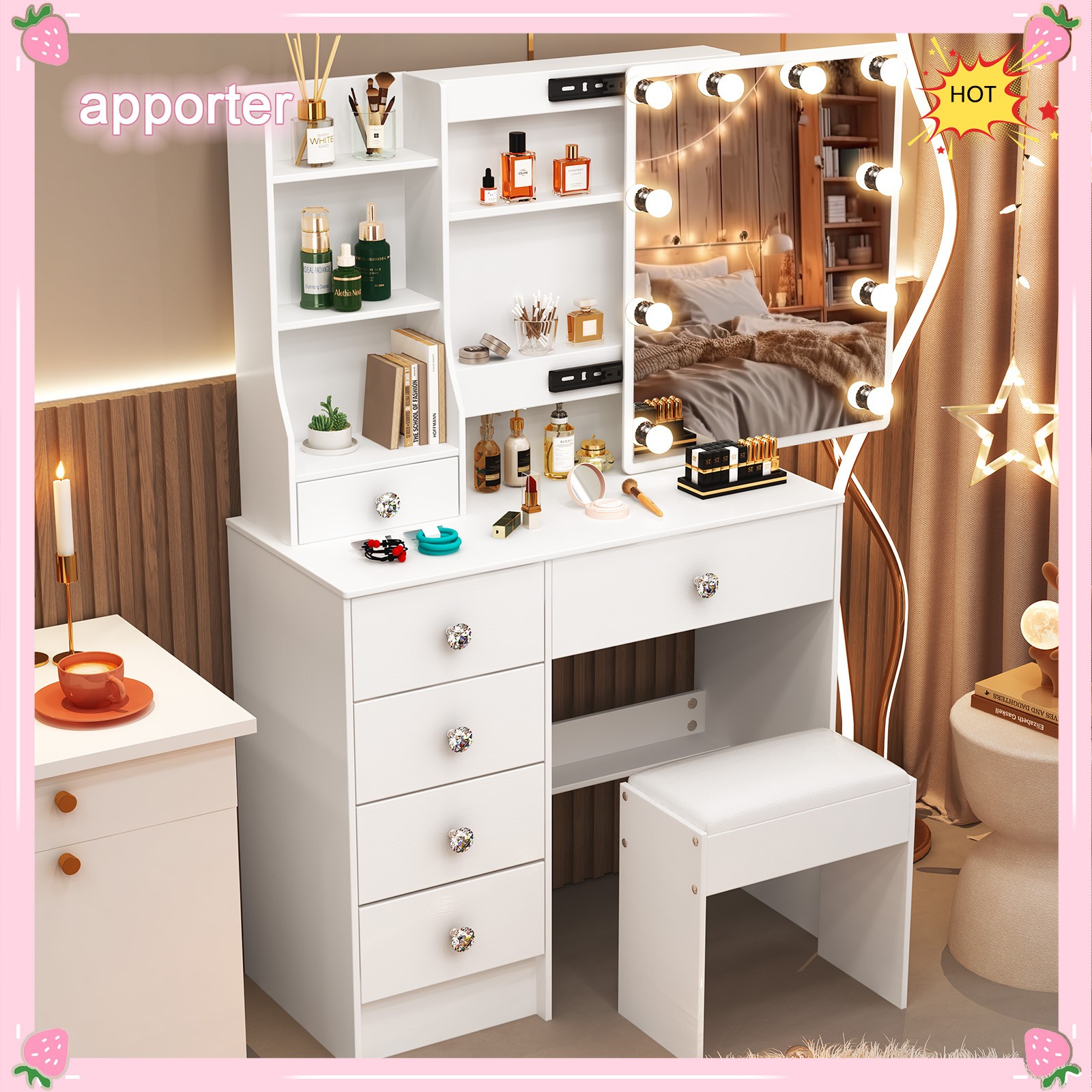 10 LED Lights w/3 Colors Mirror &Drawer Dresser Table Makeup Desk for Xams gifts