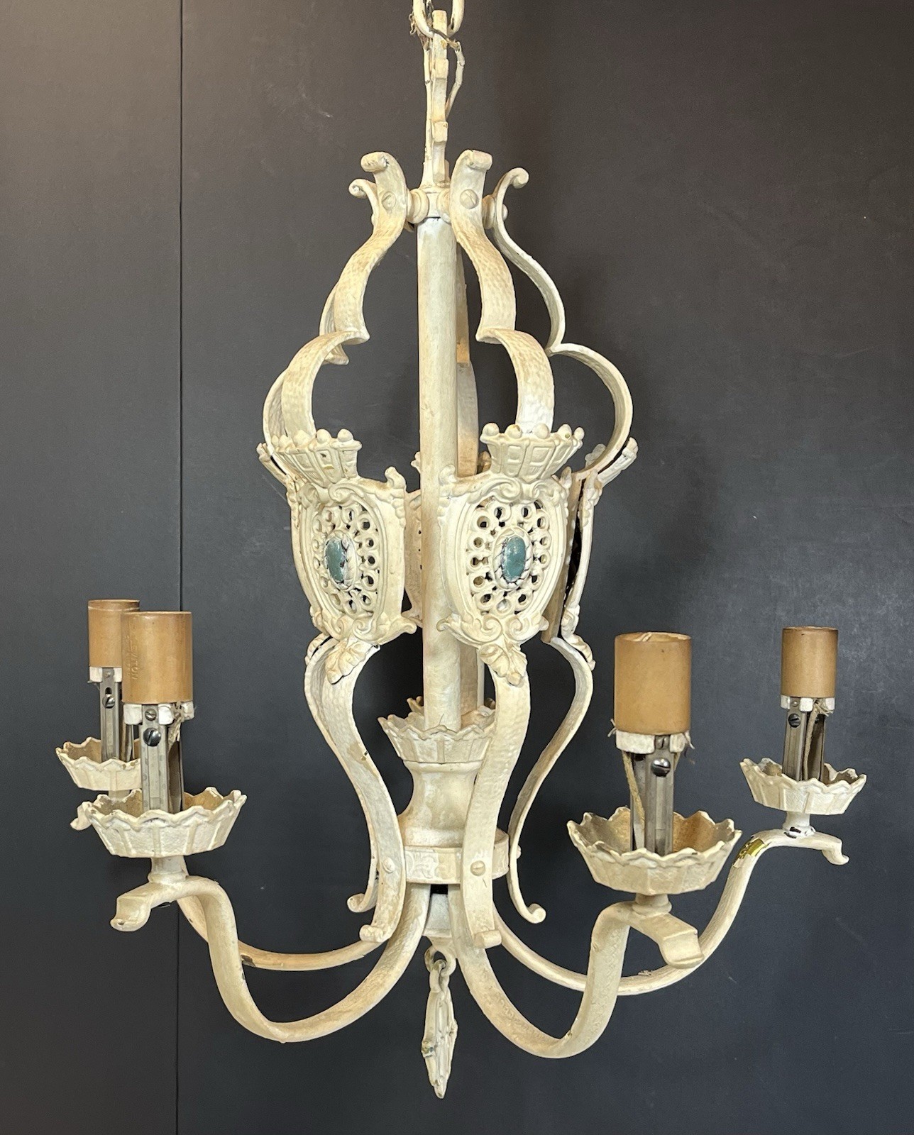 Antique Victorian Gothic Brass Chandelier, 5 Lights, Painted Needs REWIRED