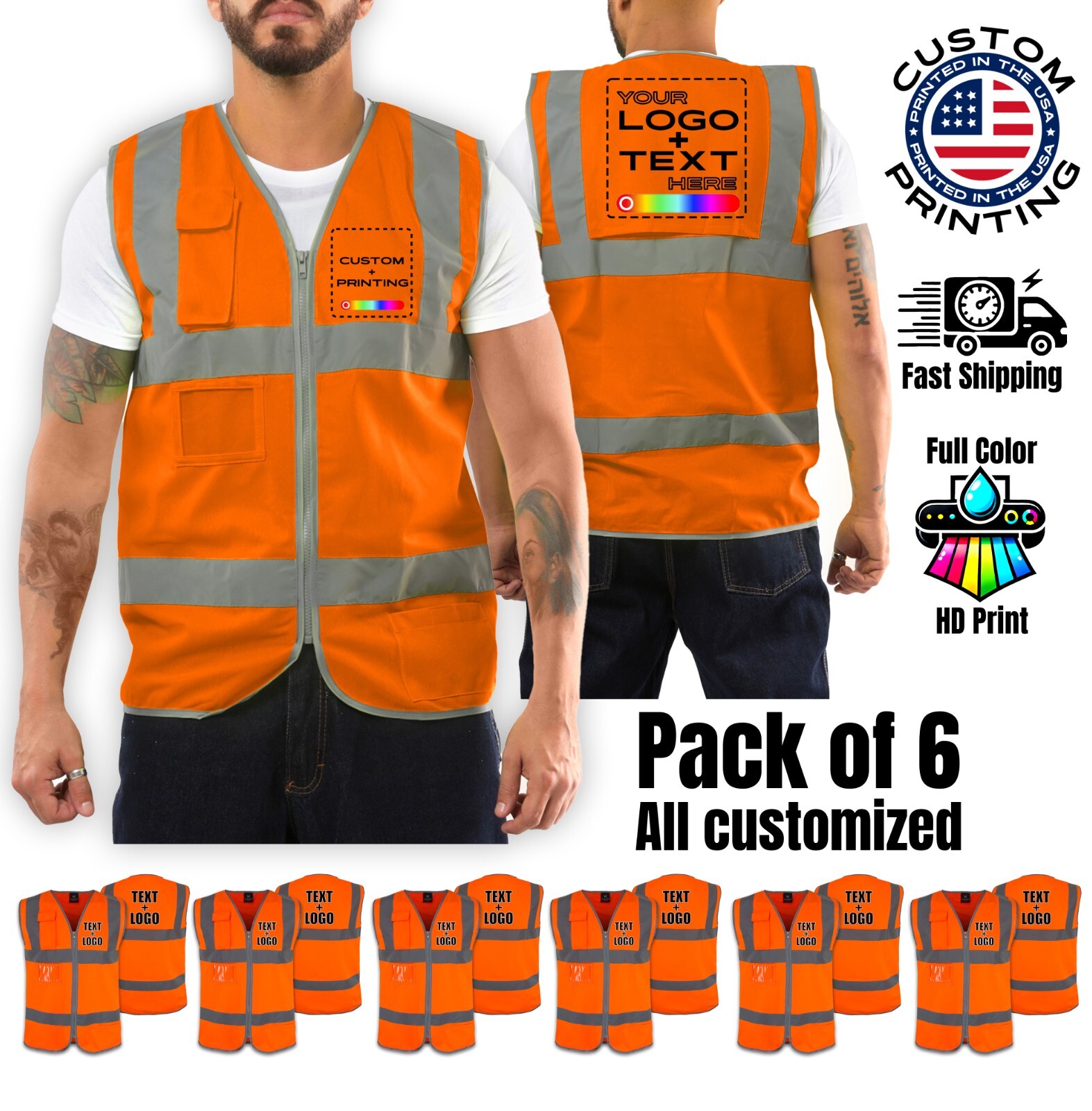 Pack of 6 Custom Hi-Vis Safety Vests – Full-Color Personalized Print