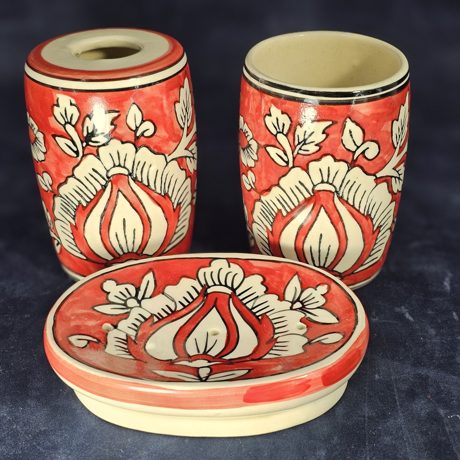 bathroom accessories Hand Painted Ceramic Tooth Brush Soap Drinking Cup India